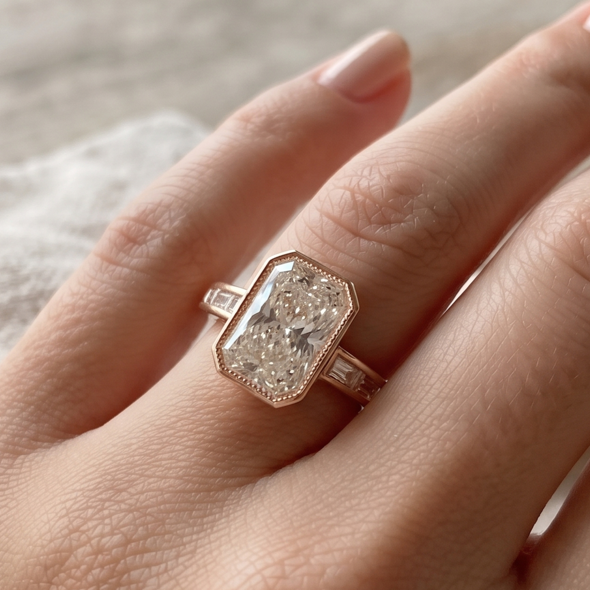 Kiashaa Jewellery 2.89 CTW radiant and baguette diamond ring in polished yellow gold.