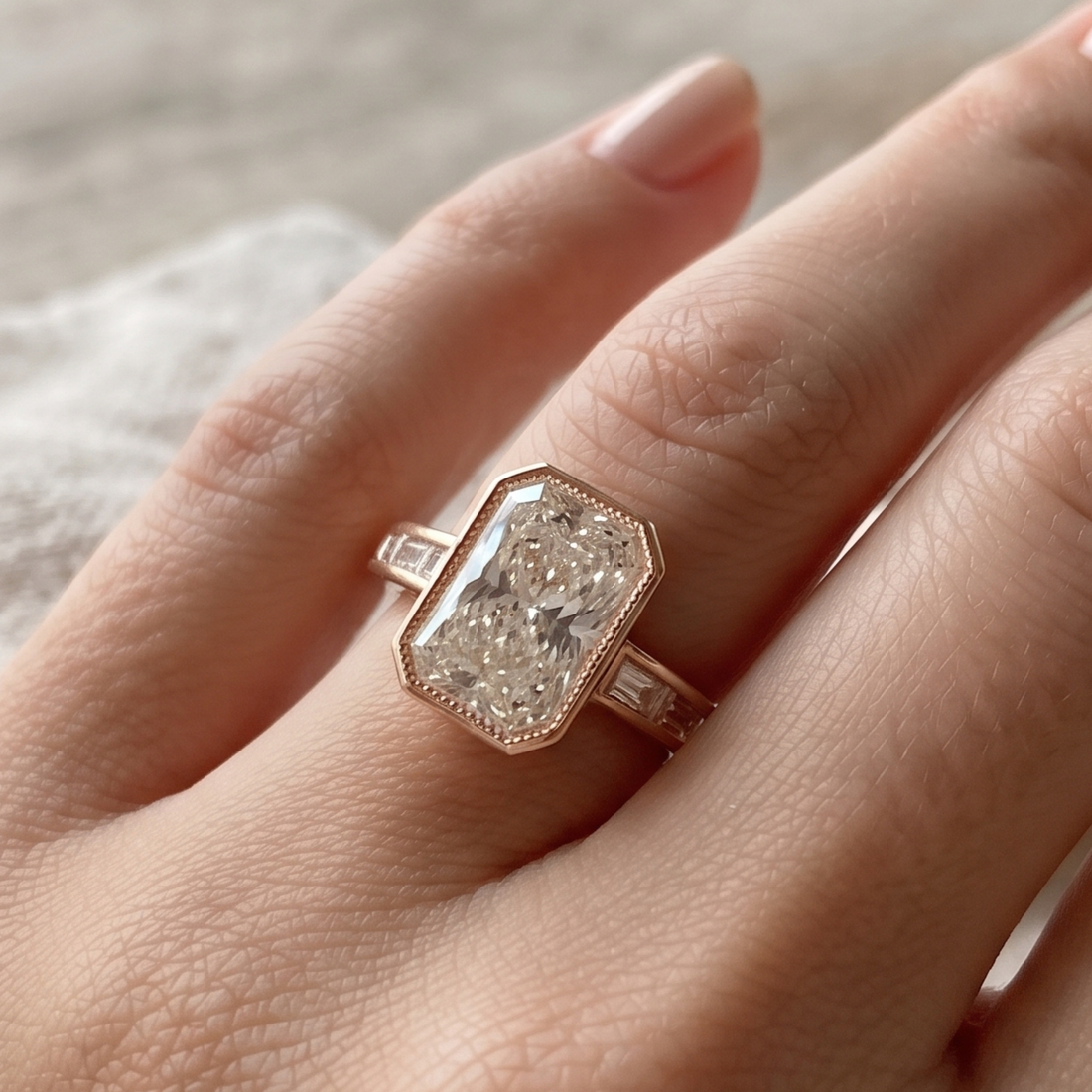 Kiashaa Jewellery 2.89 CTW radiant and baguette diamond ring in polished yellow gold.