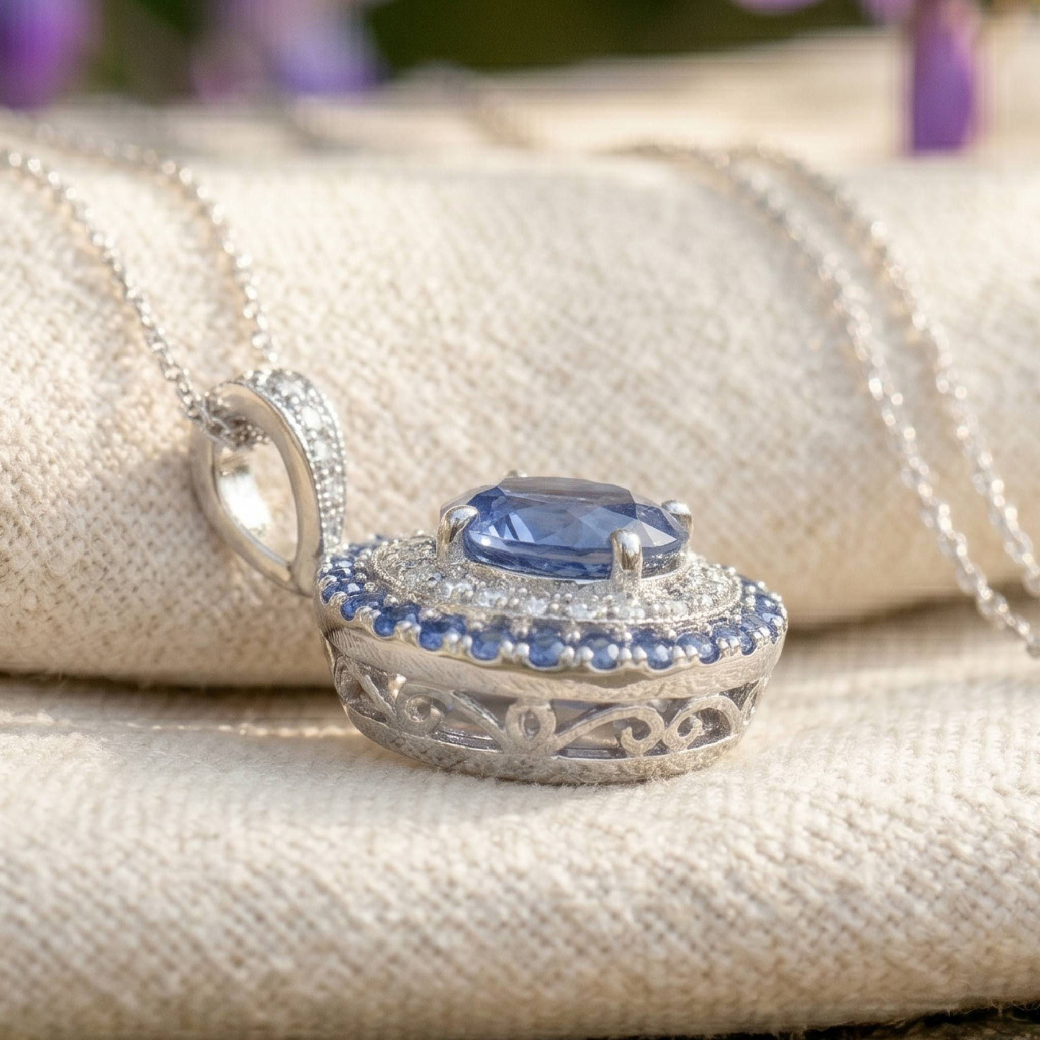 A silver-toned oval pendant necklace with a central blue gemstone and small blue accent stones, displayed on a textured beige fabric background.
