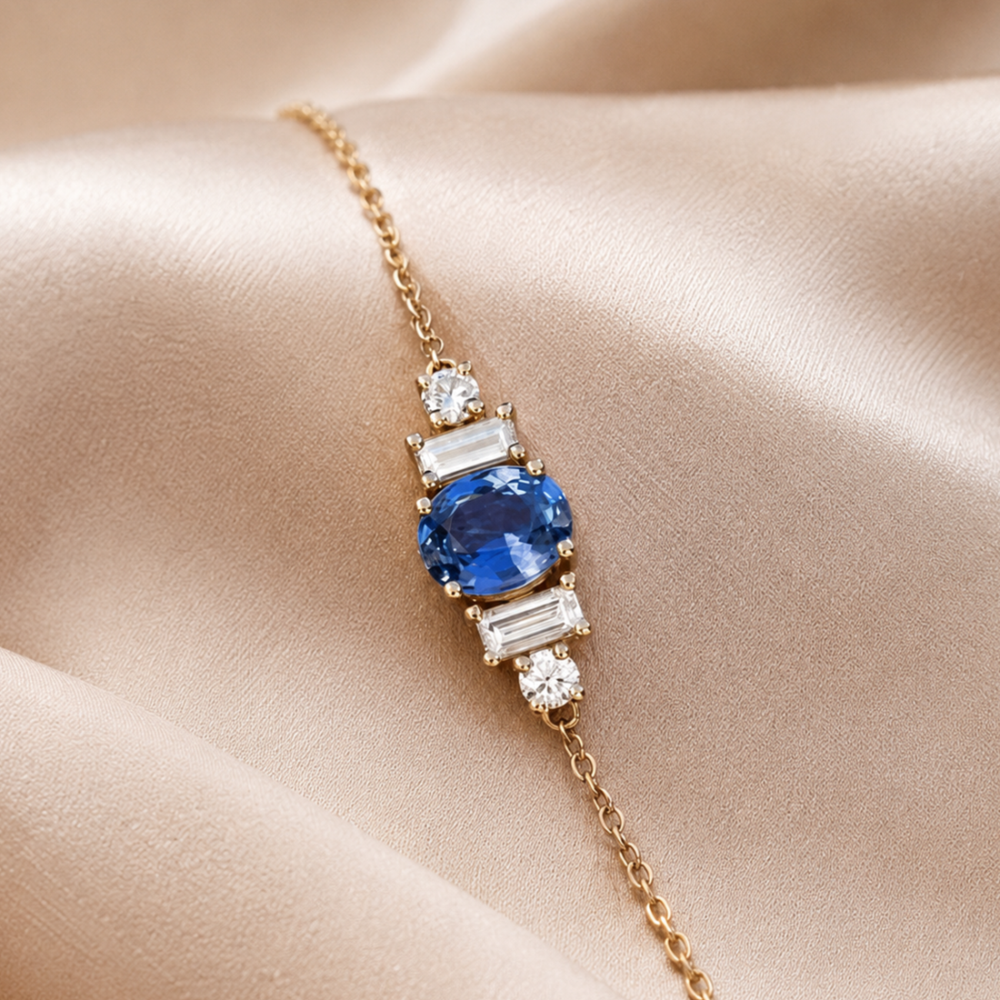 1.18 CTW Oval Blue Gemstone & Diamond Station Bracelet