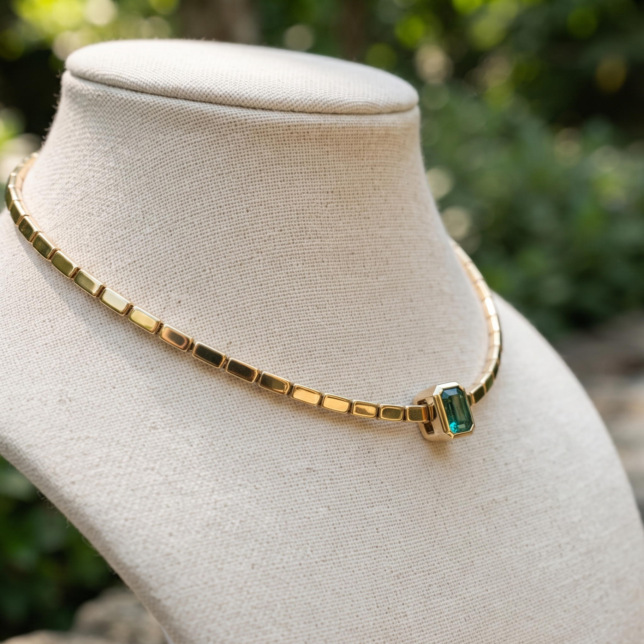 1.73 CT green emerald-cut choker necklace in polished yellow gold.