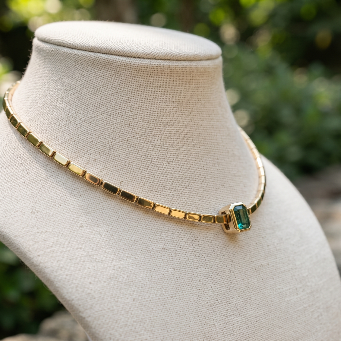 1.73 CT green emerald-cut choker necklace in polished yellow gold.