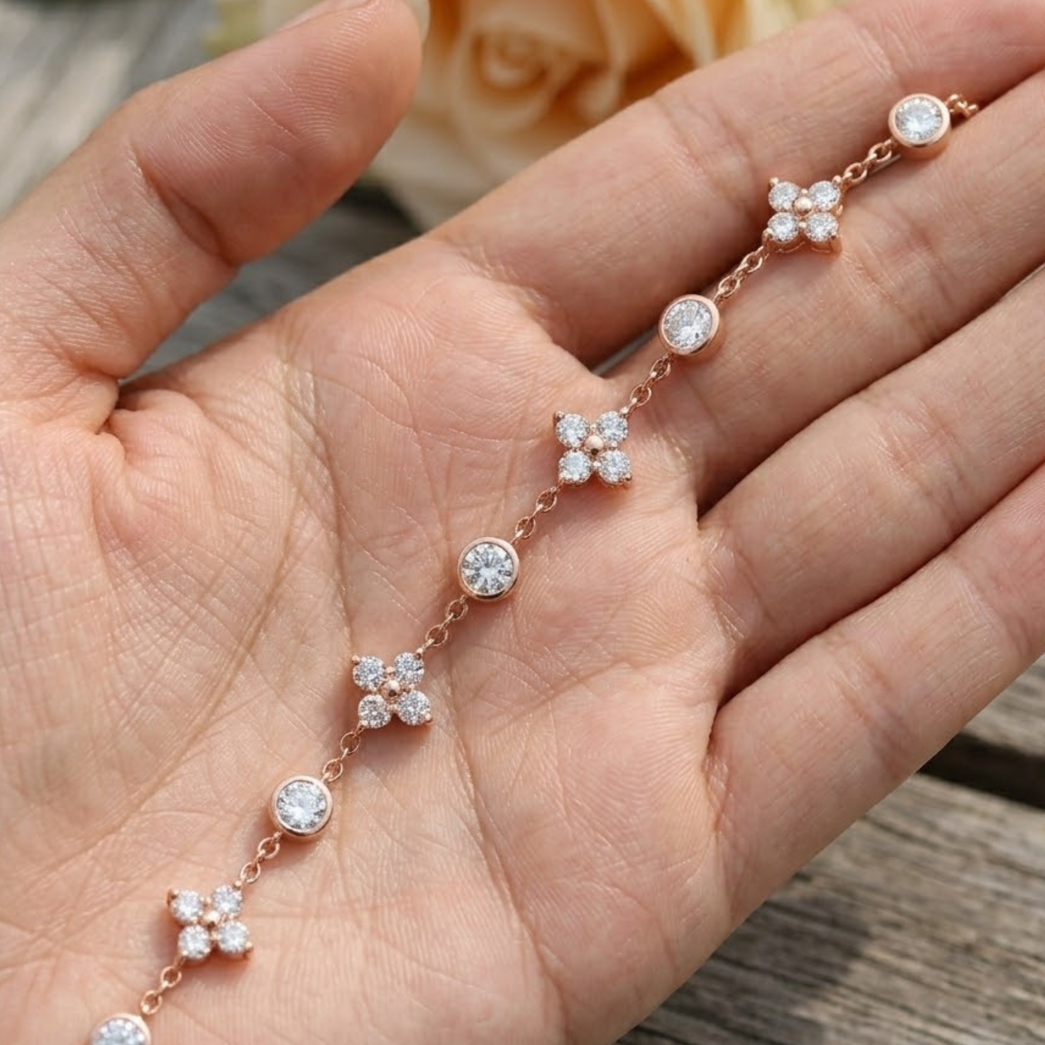 A delicate rose gold chain bracelet with small clear gemstone floral and round bead accents, displayed across an open hand.
