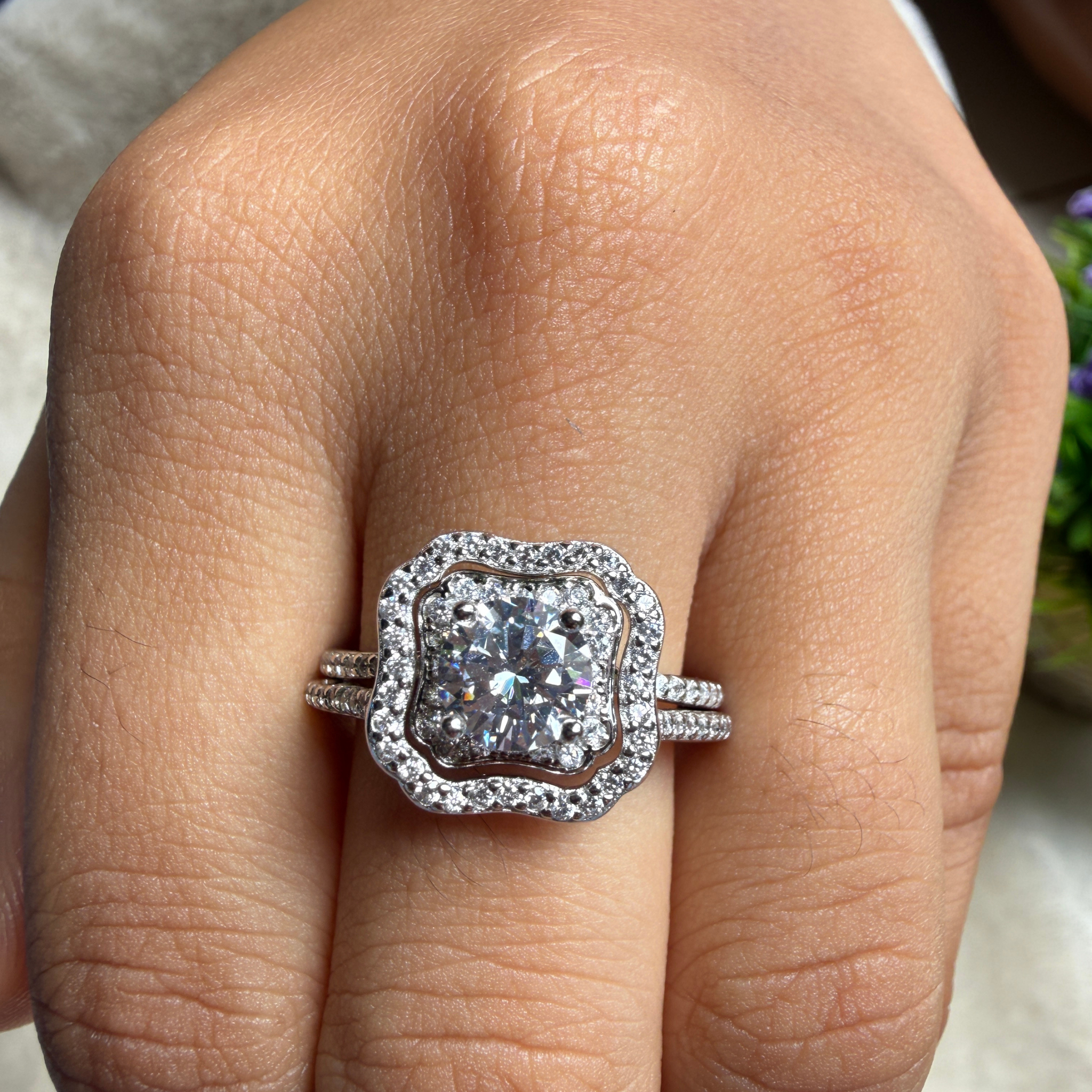 Round halo lab-grown diamond engagement ring in white gold by Kiashaa Jewellery.