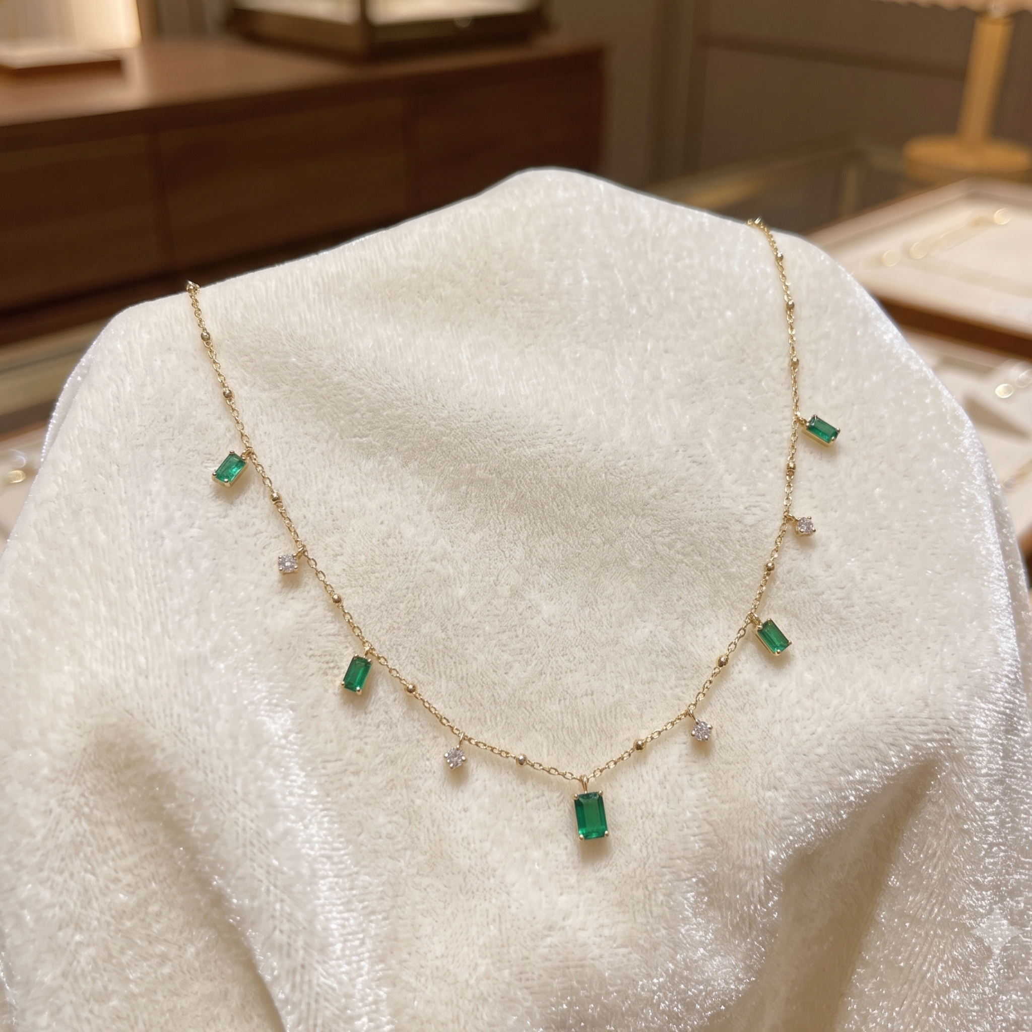 A delicate gold necklace with small green rectangular emerald-cut stones and a few clear round stones, displayed on a white fabric jewelry bust.