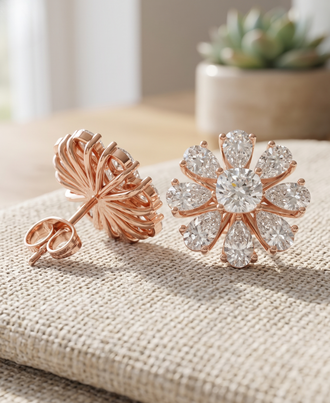 Front and back view of rose gold floral diamond studs showing the open radial gallery and push-back closure.