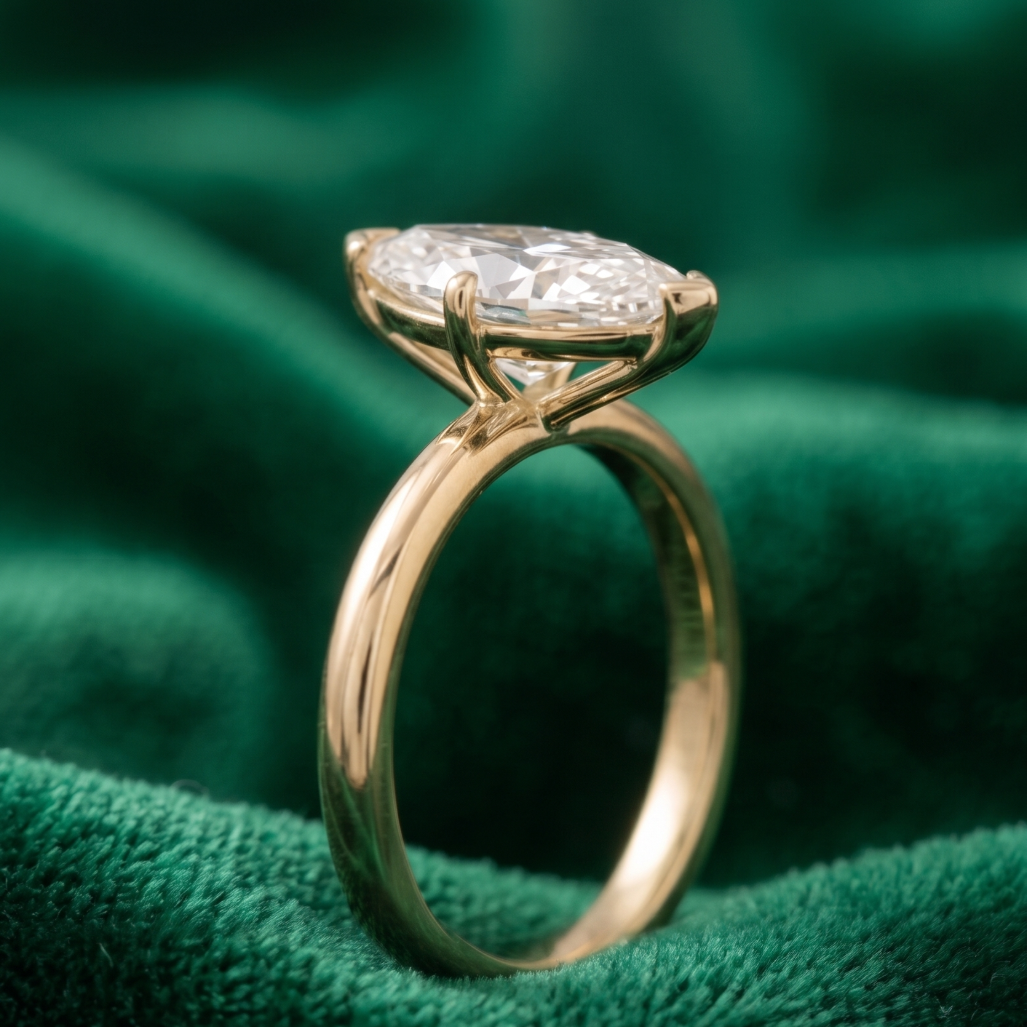 Elongated marquise diamond engagement ring with six-prong setting