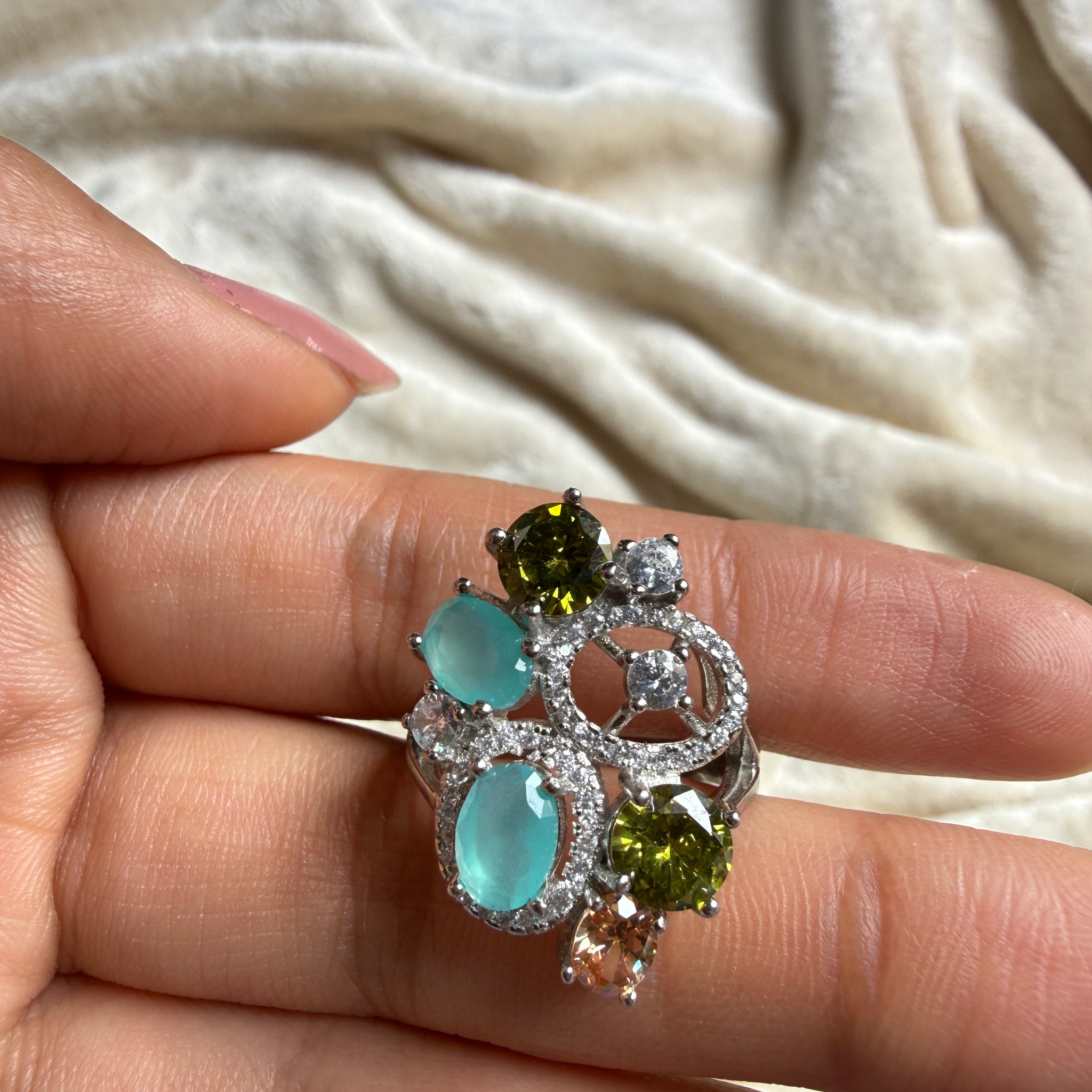 Multicolor gemstone and lab-grown diamond statement ring by Kiashaa Jewellery.