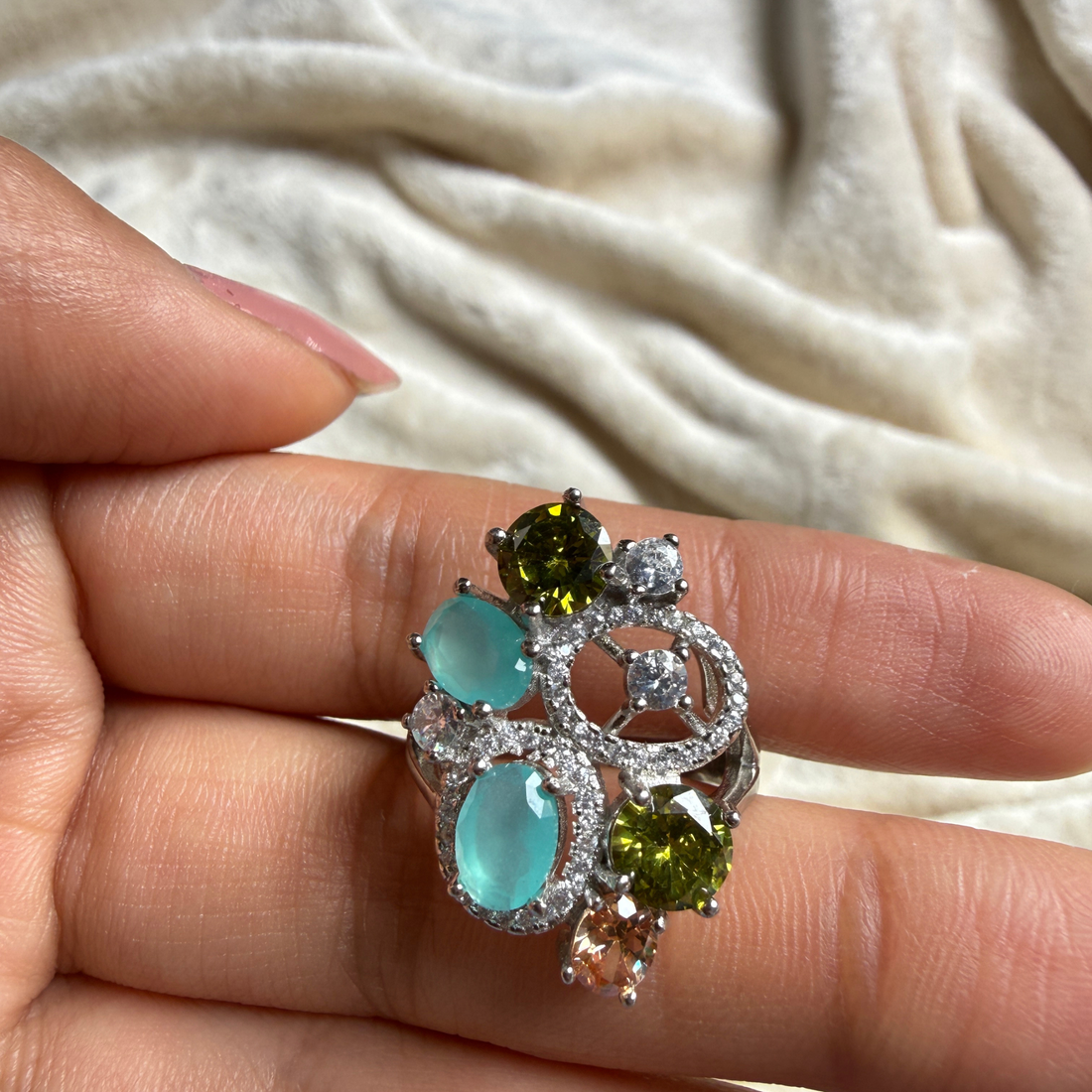 Multicolor gemstone and lab-grown diamond statement ring by Kiashaa Jewellery.