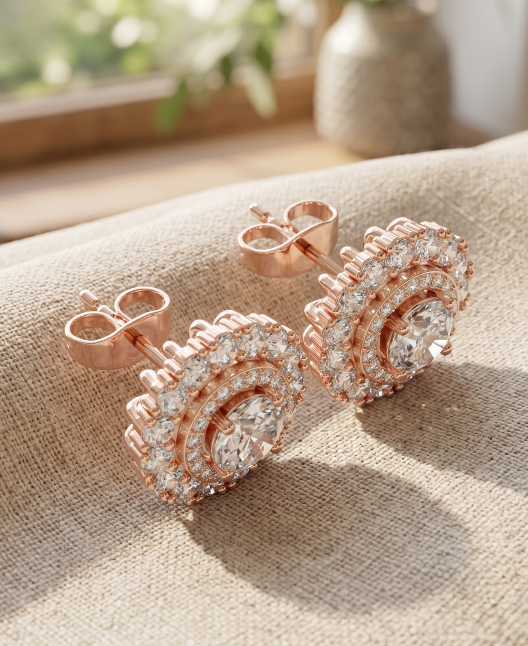 Close-up of round lab-grown diamond halo earrings with secure multi-prong setting.