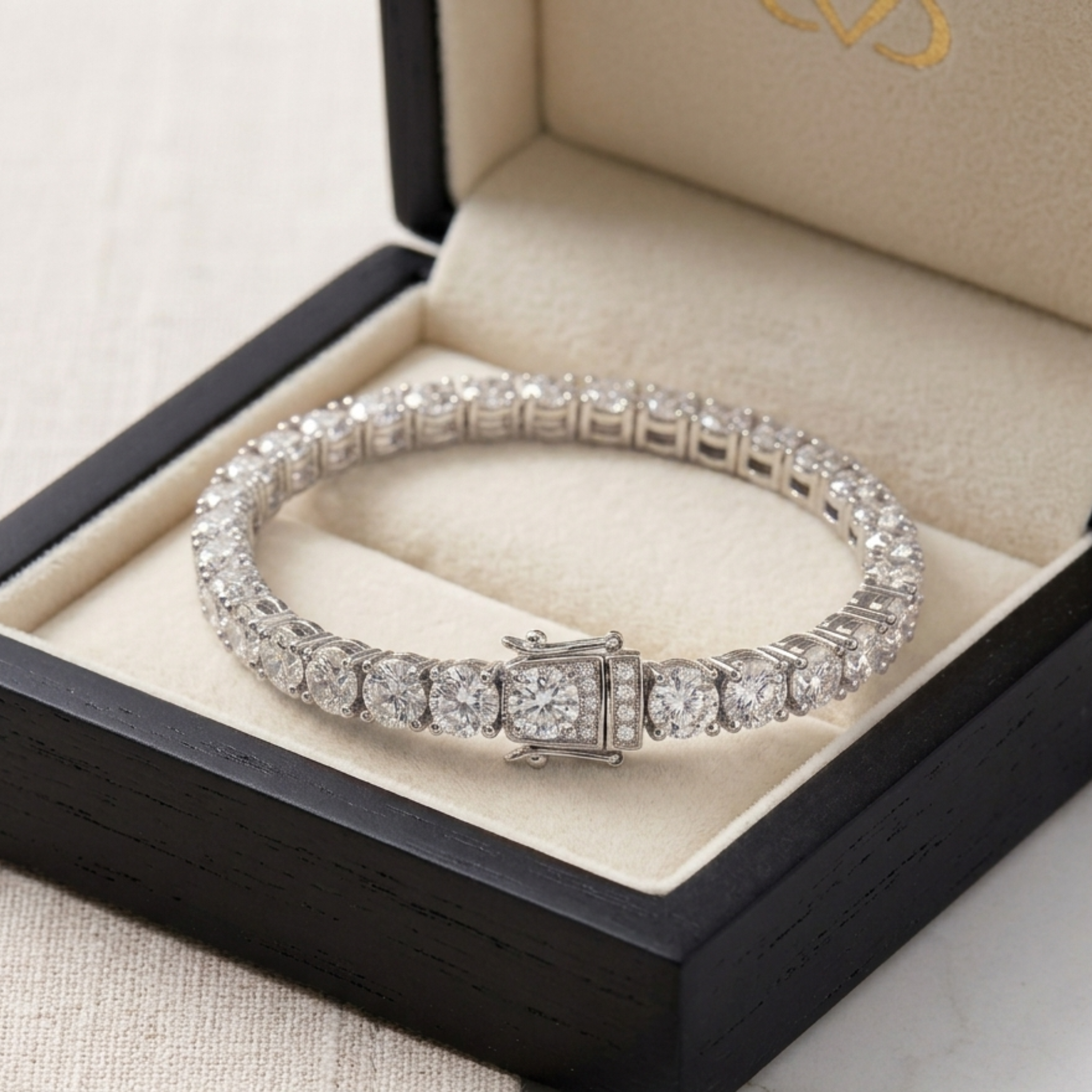 A diamond tennis bracelet in a silver-toned setting, displayed inside an open black jewelry box with a cream velvet interior.