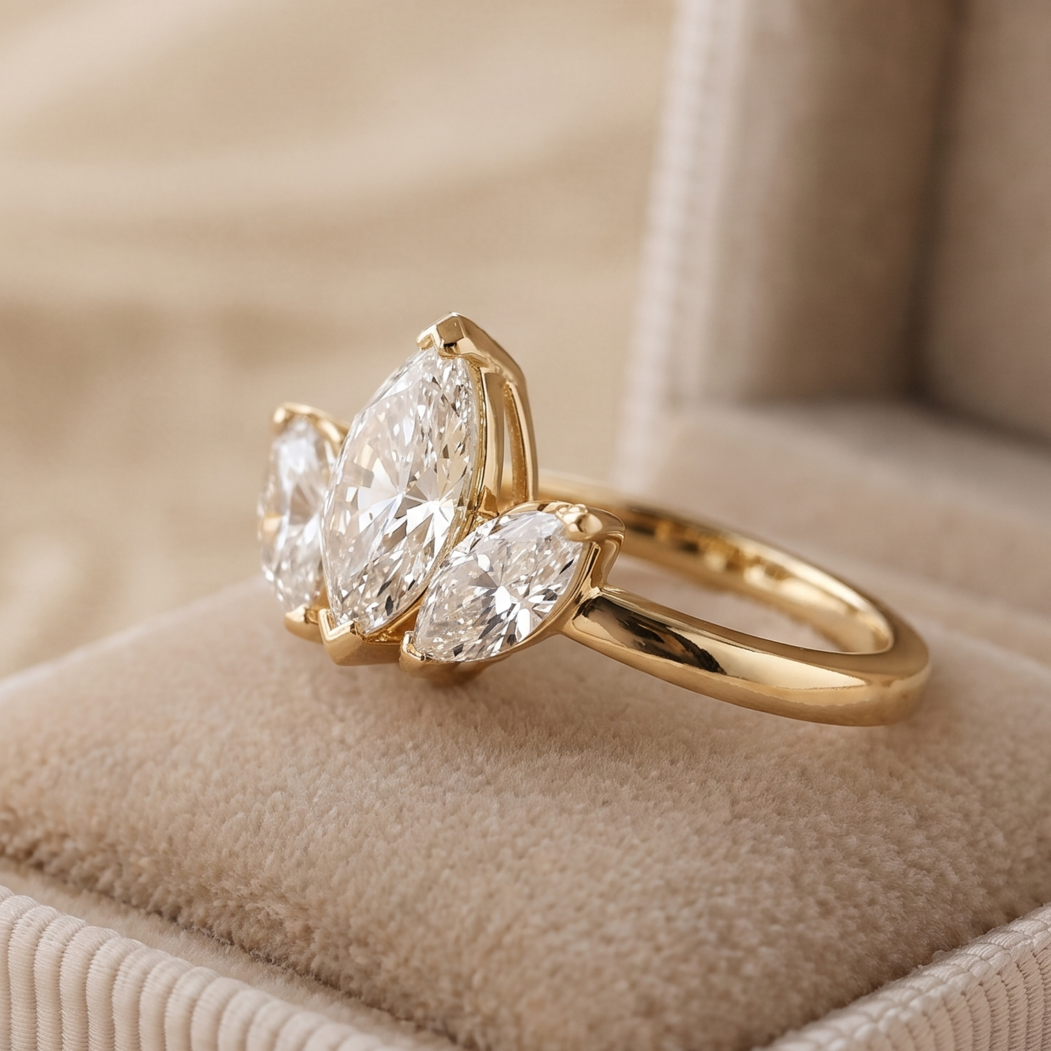 Yellow gold marquise diamond statement ring with an open sculptural design.