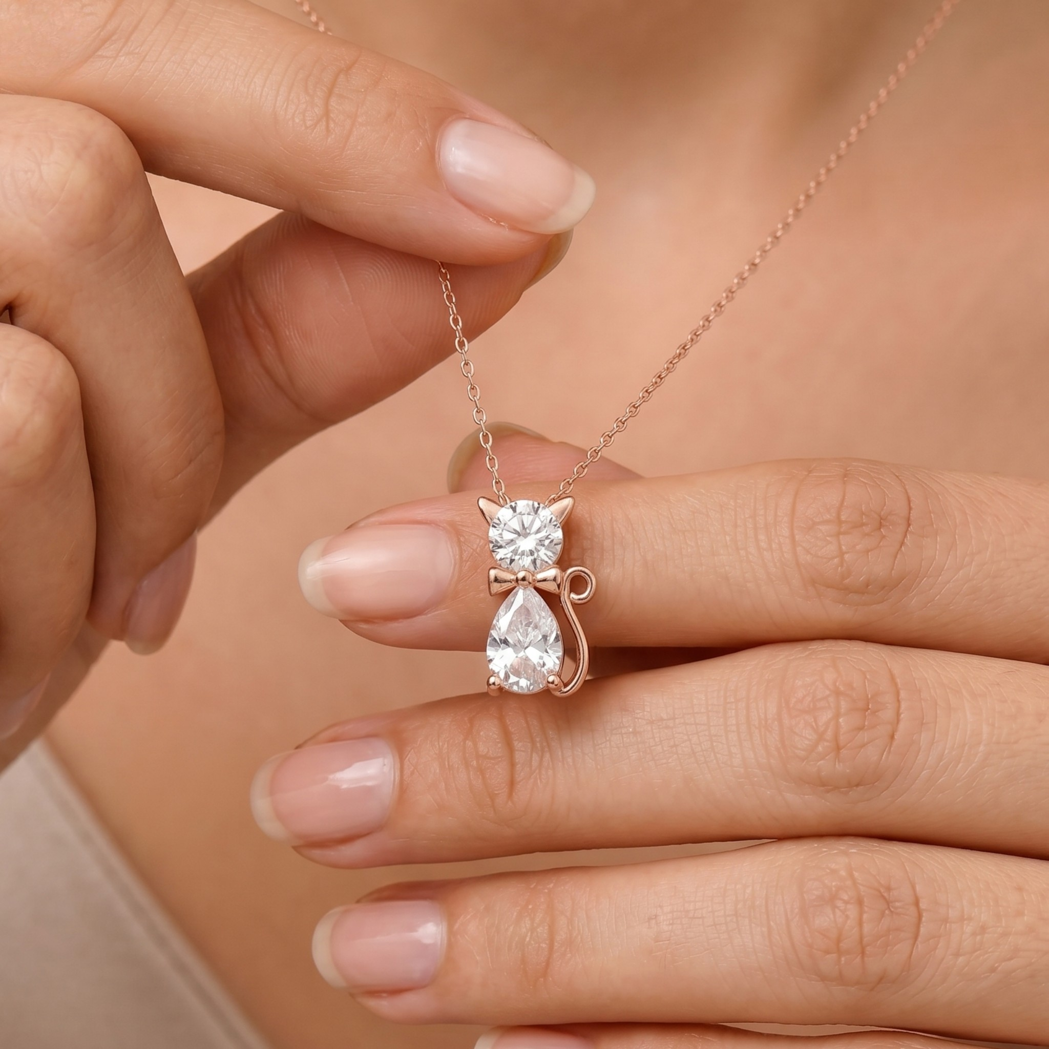 A close-up lifestyle shot of a person's hands holding a rose gold cat-shaped pendant necklace with a clear teardrop gemstone and a square clear gemstone, against a soft beige skin background.