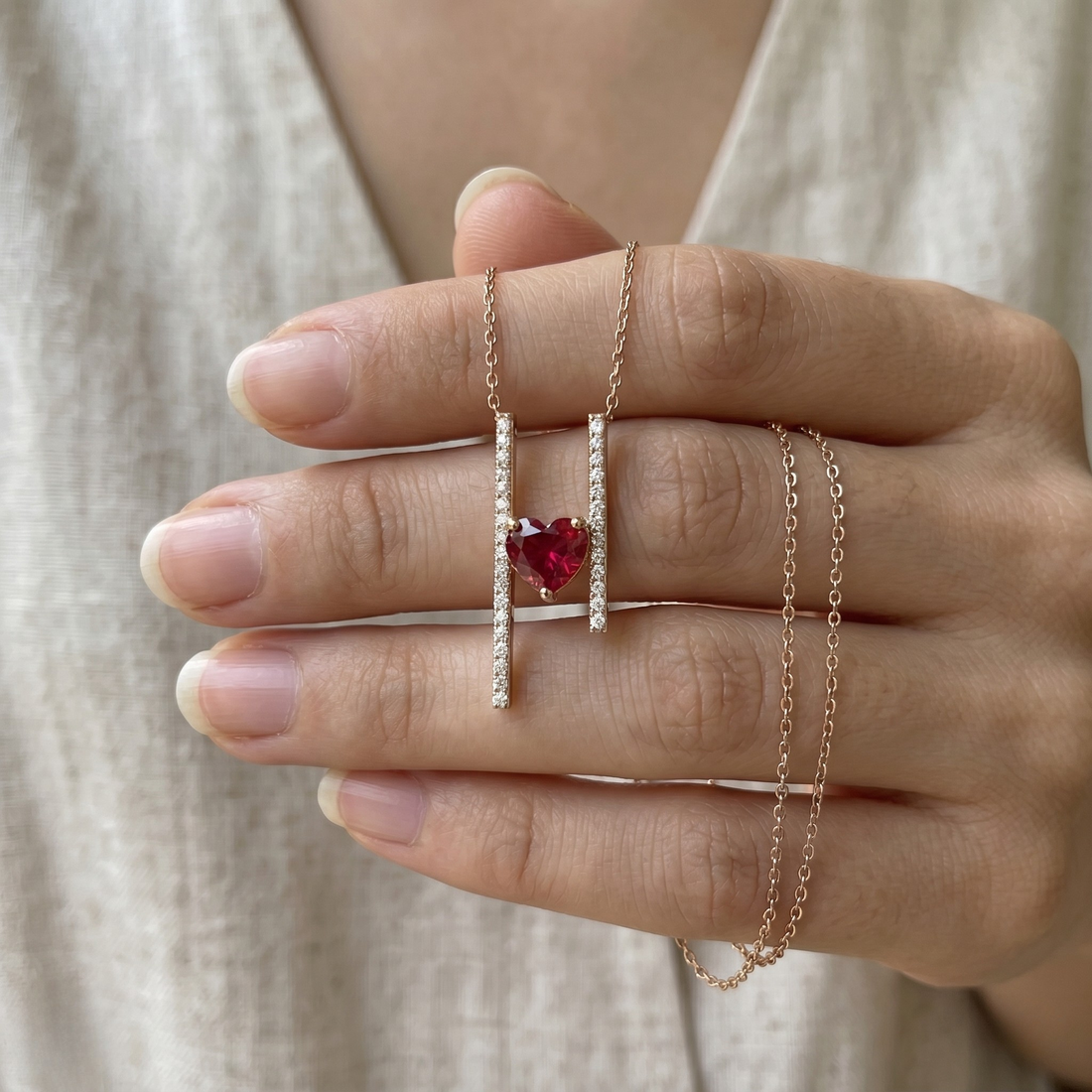 Red heart gemstone and lab-grown diamond pendant necklace by Kiashaa Jewellery in rose gold.