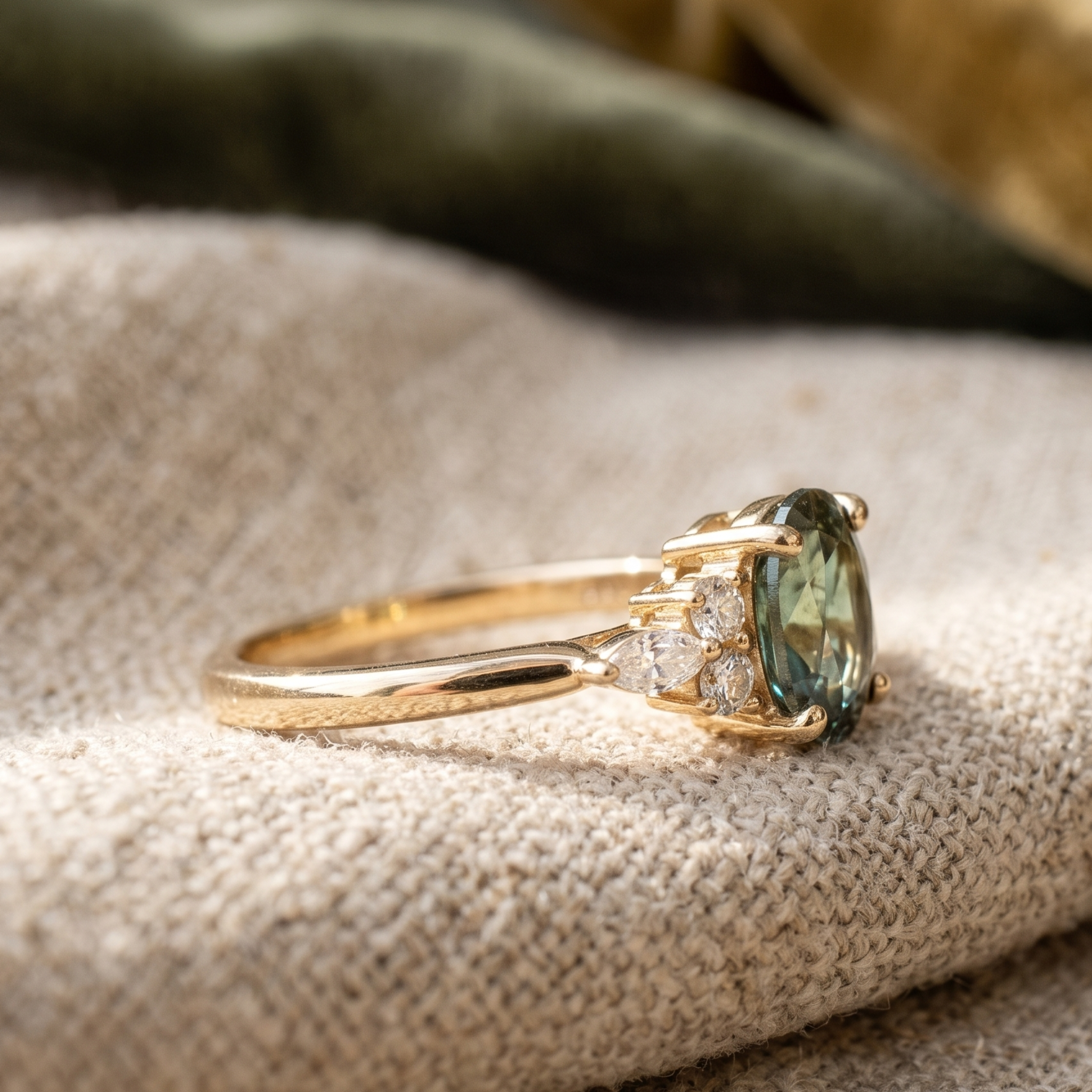 Kiashaa Jewellery 2.664 CTW green oval diamond ring in polished yellow gold.
