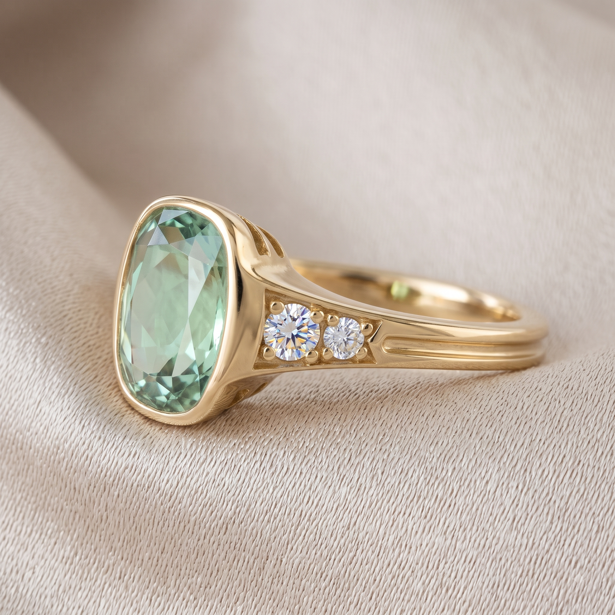 Green gemstone statement ring with four round brilliant diamonds