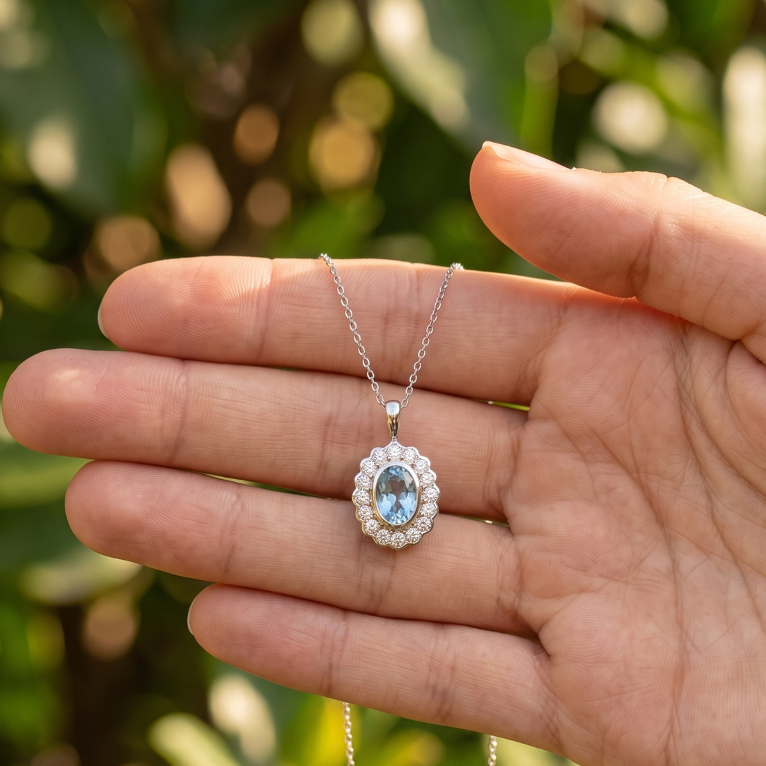 Azure Bloom 1.24 CTW Oval Blue Gemstone Halo Pendant Necklace in 9K, 14K & 18K Gold
