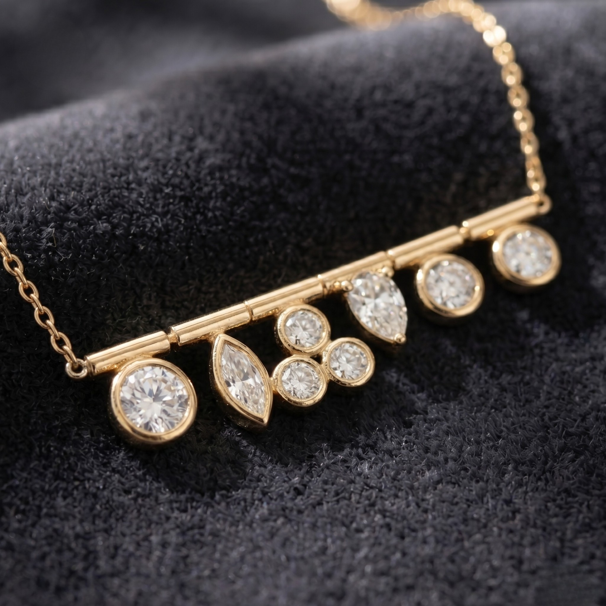 A gold bar necklace with multiple clear gemstones in round, marquise, and cluster settings, displayed on a textured black velvet surface.