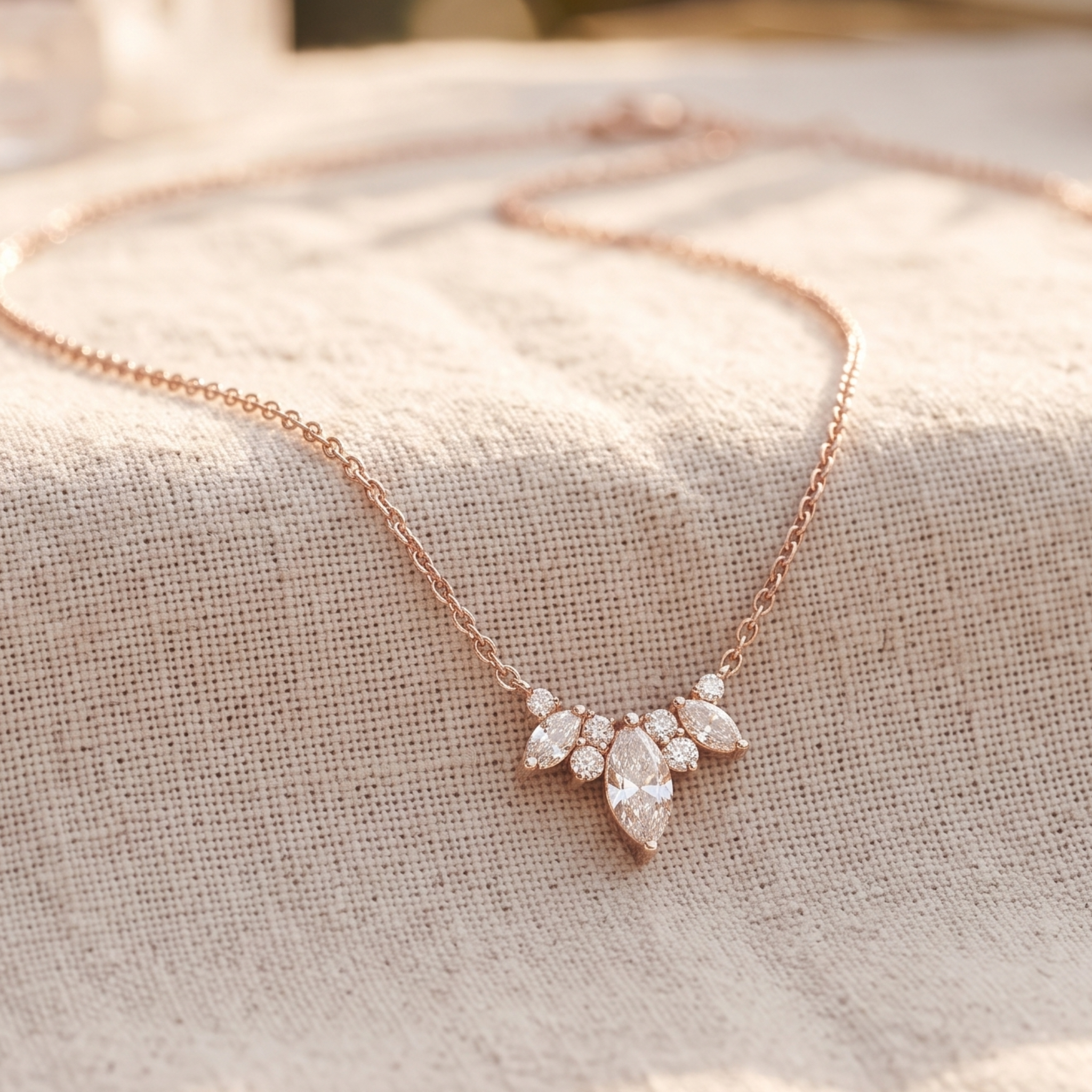 1.03 CTW marquise and round diamond cluster necklace in rose gold.