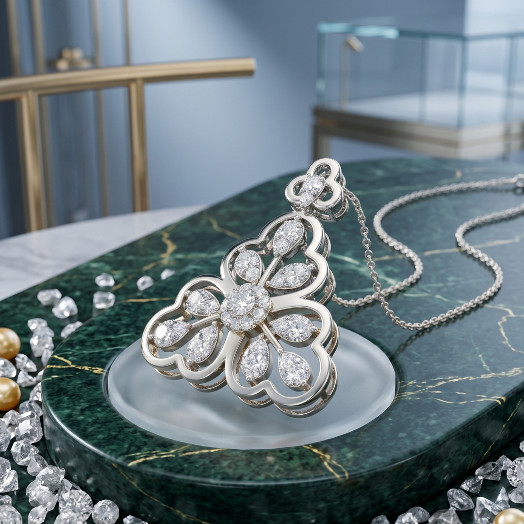 A silver-tone floral pendant necklace with clear gemstones, displayed on a round white dish atop a green marble slab with scattered diamonds in a jewelry showroom setting.