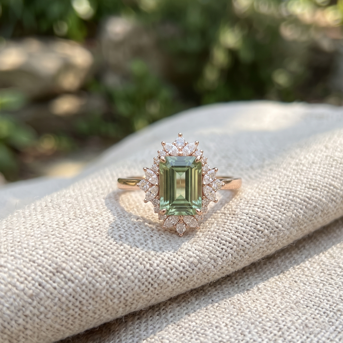 Kiashaa Jewellery 4.372 CTW green emerald diamond halo ring in polished yellow gold.