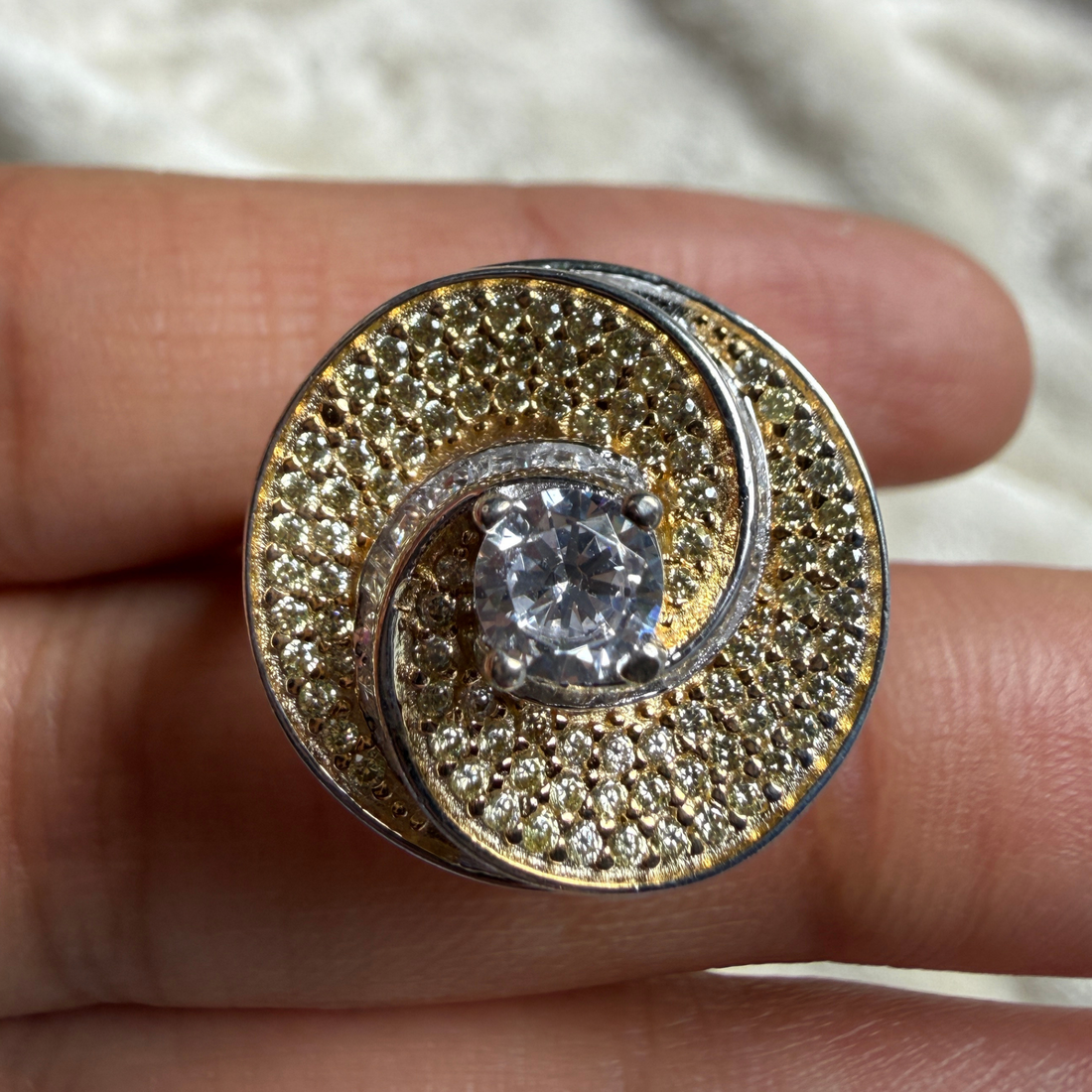 Round and baguette lab-grown diamond swirl statement ring by Kiashaa Jewellery.