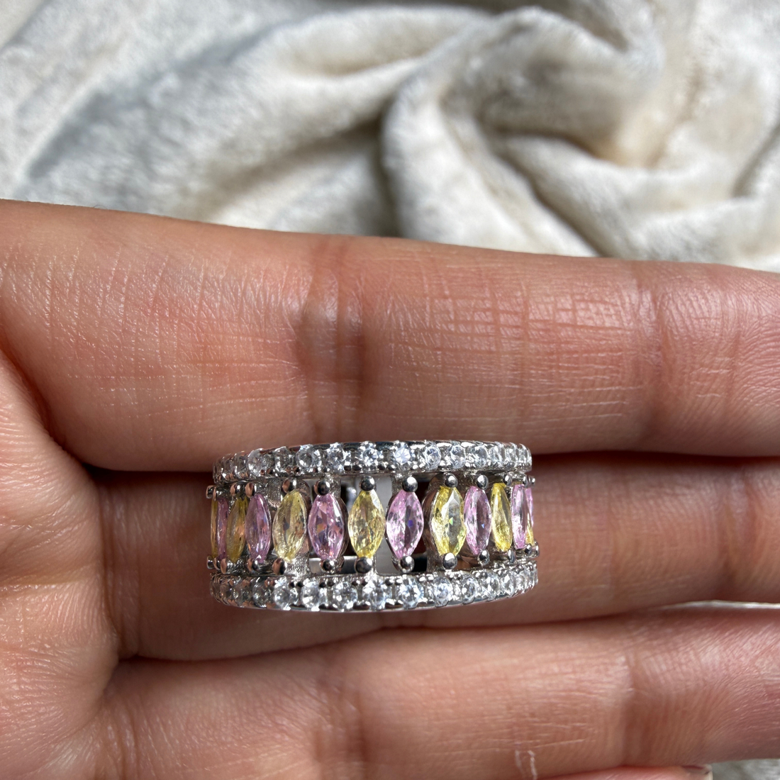 Pastel marquise gemstone and lab-grown diamond band ring by Kiashaa Jewellery.