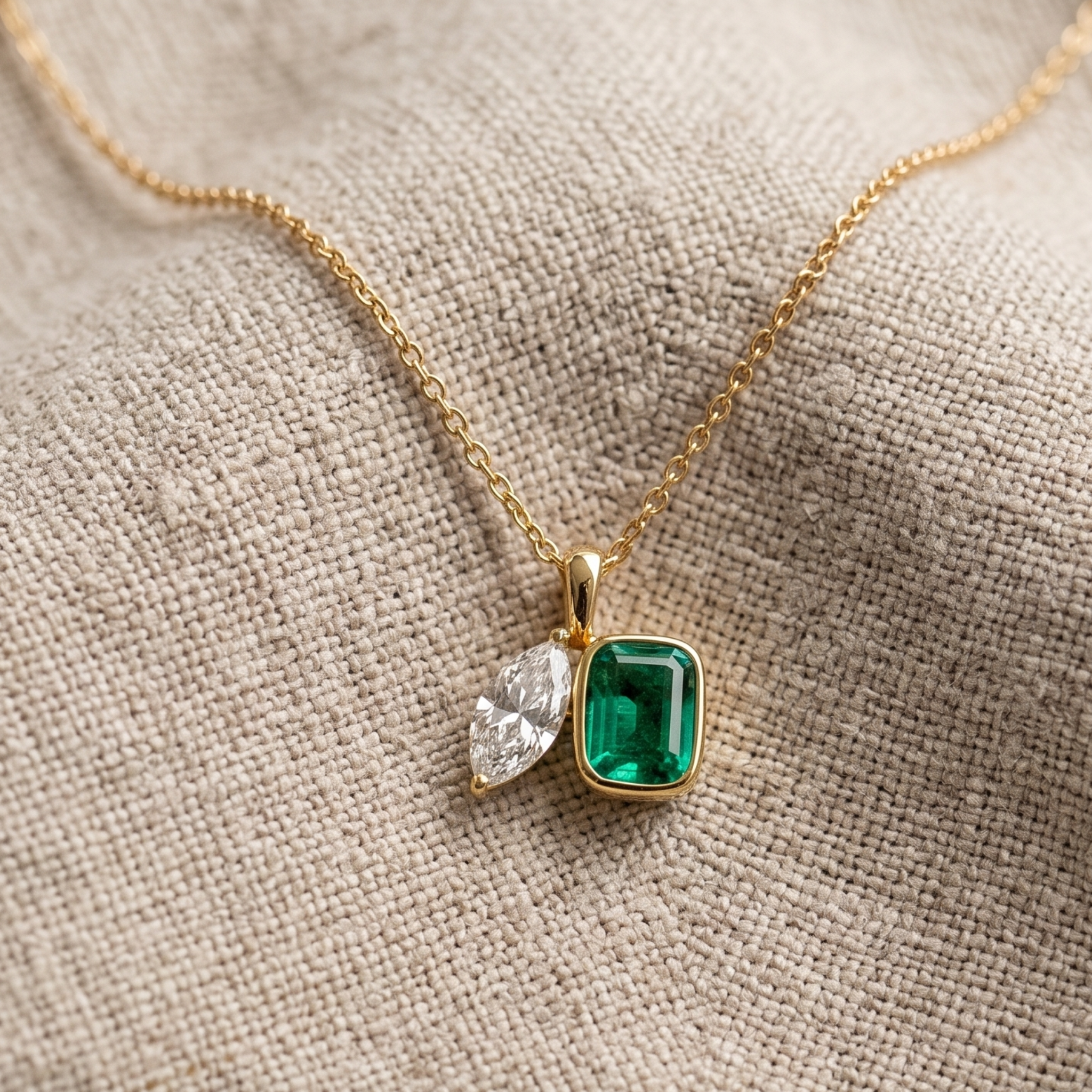Kiashaa Jewellery 2.91 CTW cushion and marquise pendant necklace in polished yellow gold.