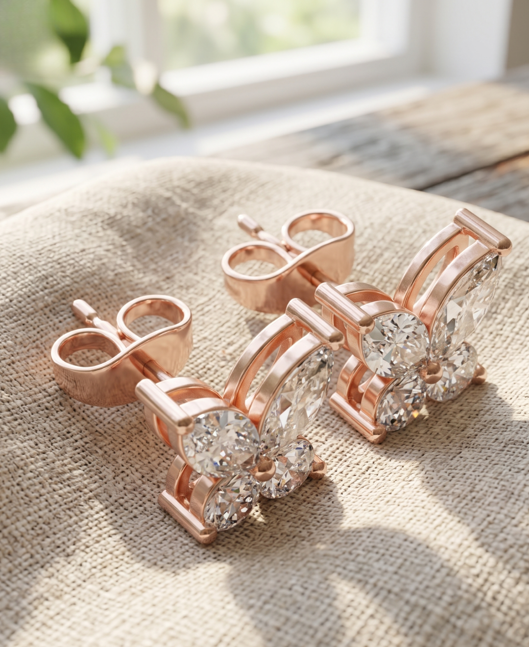 Luxury butterfly stud earrings in rose gold for weddings, anniversaries and everyday wear.