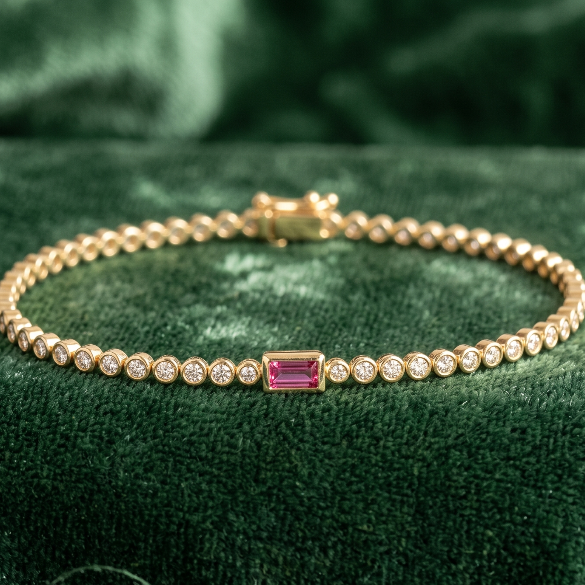 Kiashaa Jewellery 1.75 CTW diamond tennis bracelet with pink baguette center stone in yellow gold.