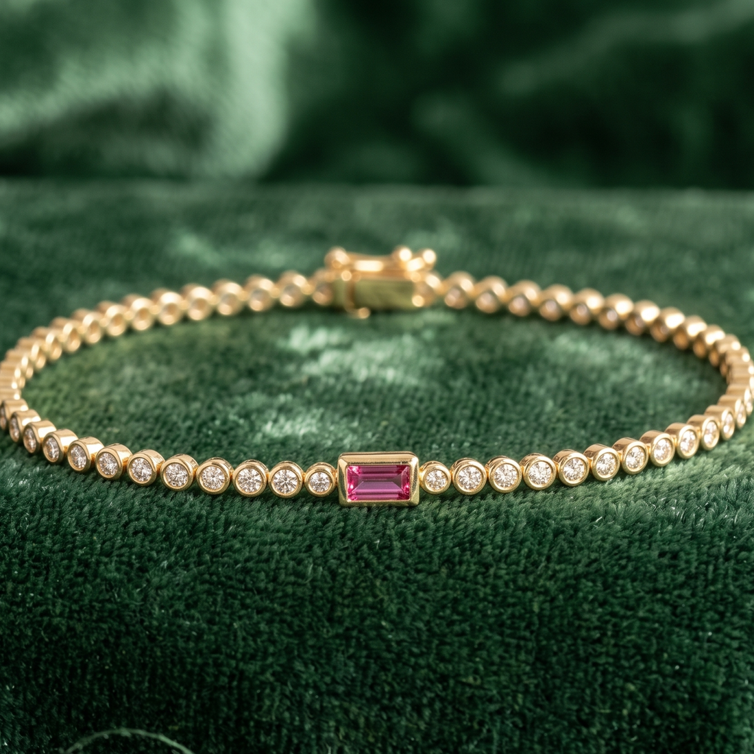Kiashaa Jewellery 1.75 CTW diamond tennis bracelet with pink baguette center stone in yellow gold.