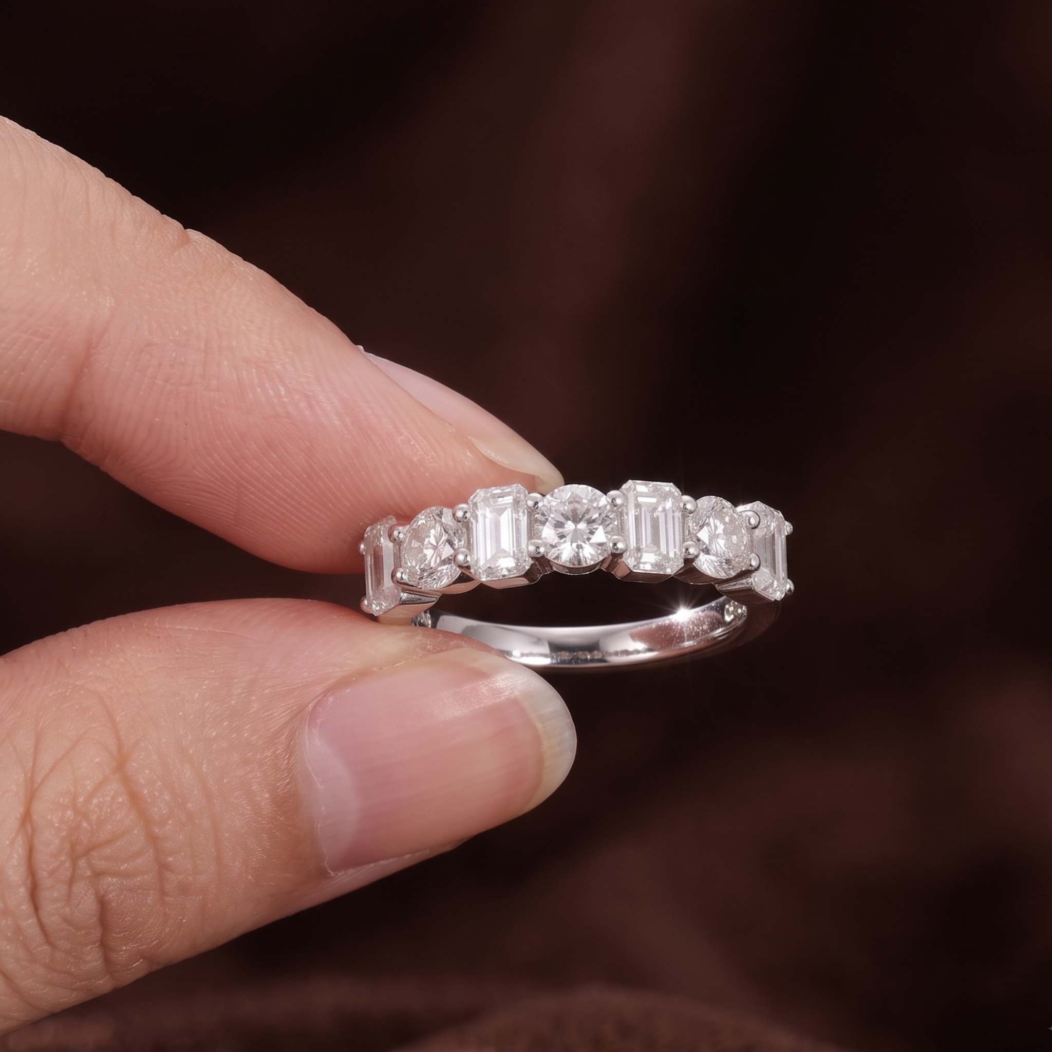 Emerald and round diamond band available in 9K 14K and 18K gold