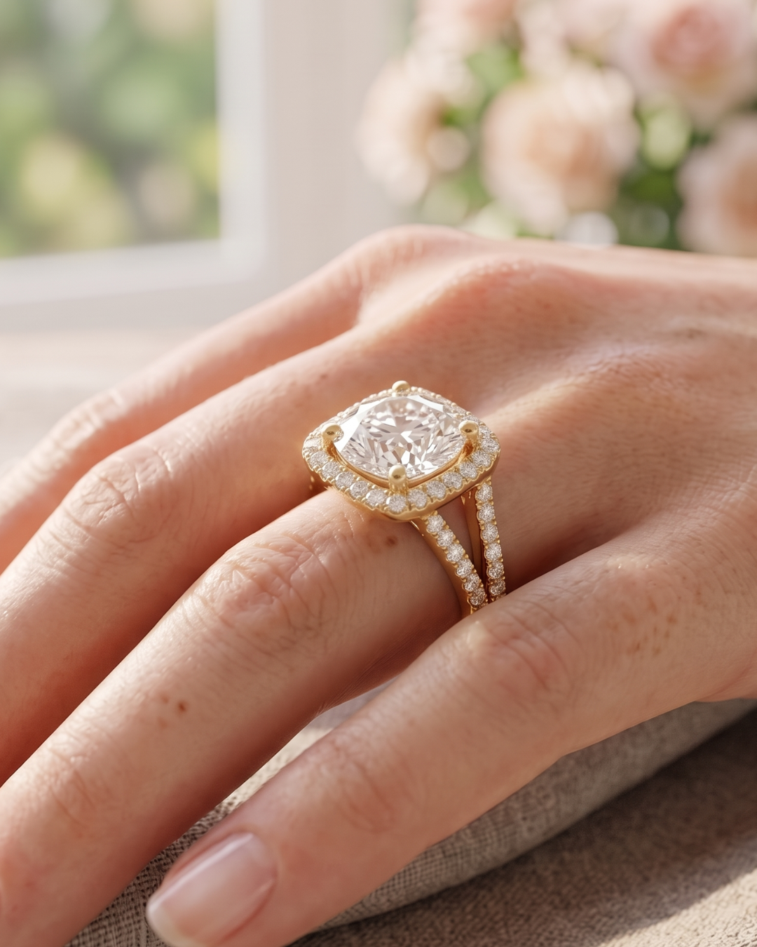 Close-up of a round lab-grown diamond engagement ring by Kiashaa Jewellery with a rose gold diamond halo.