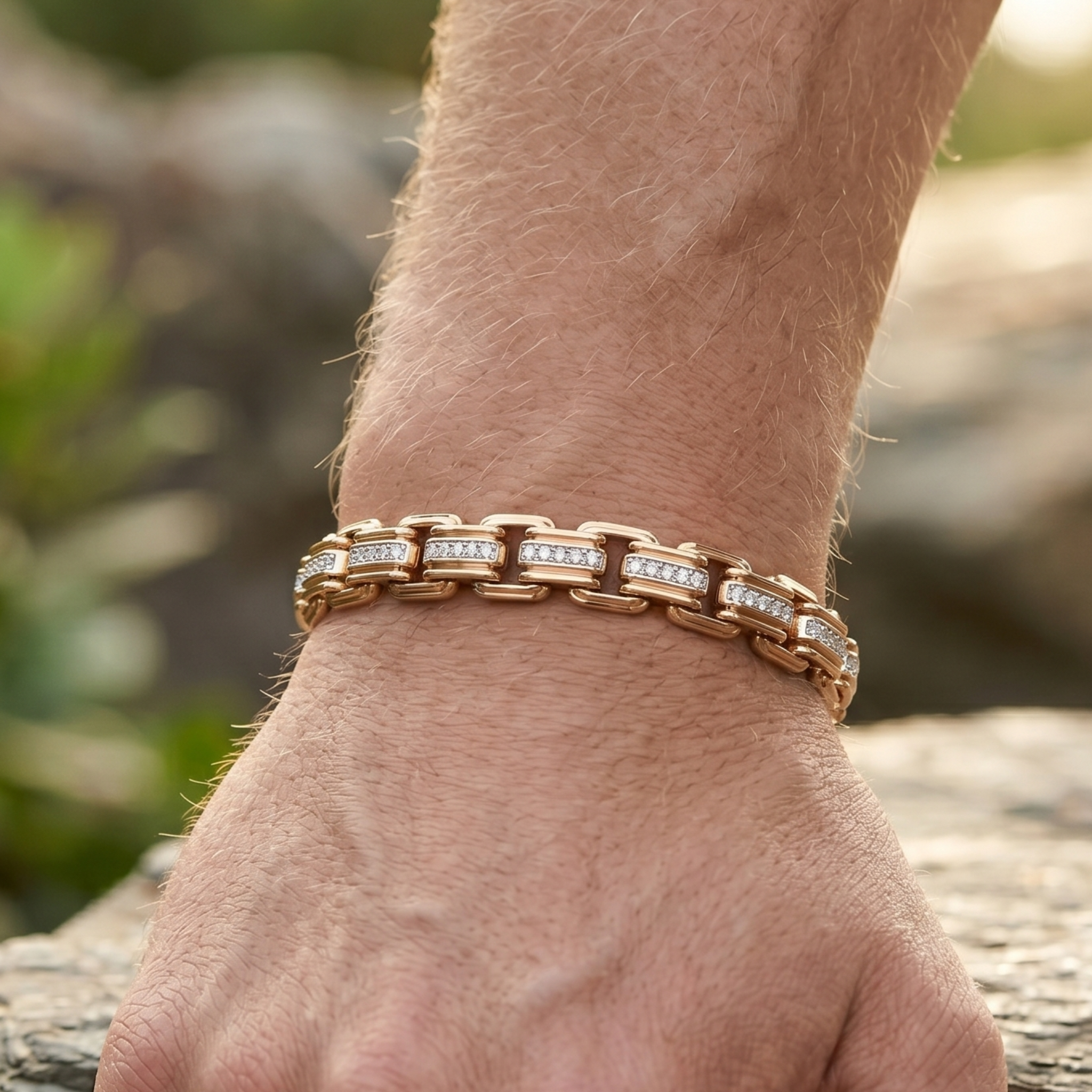 A close-up of a person's wrist wearing a rose gold chain bracelet with pavé-set clear stones, photographed outdoors against a blurred natural background.