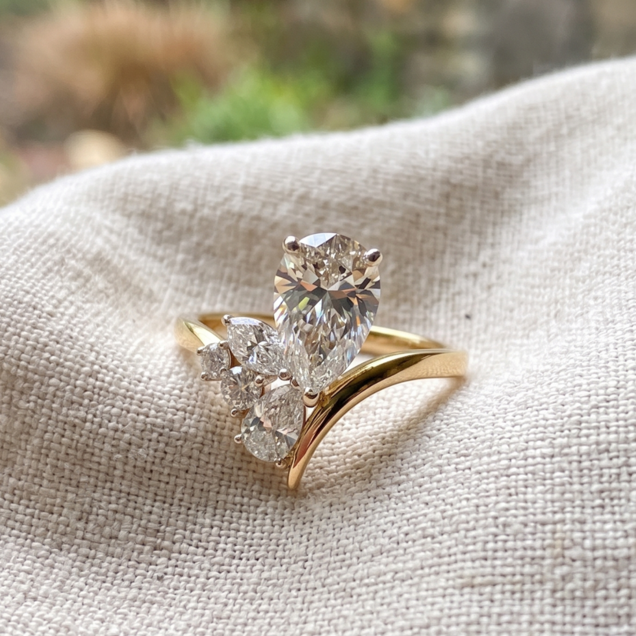 Flora Embrace 3 CTW lab-grown diamond ring by Kiashaa Jewellery with a 2 CT pear center and multi-shape side diamonds.
