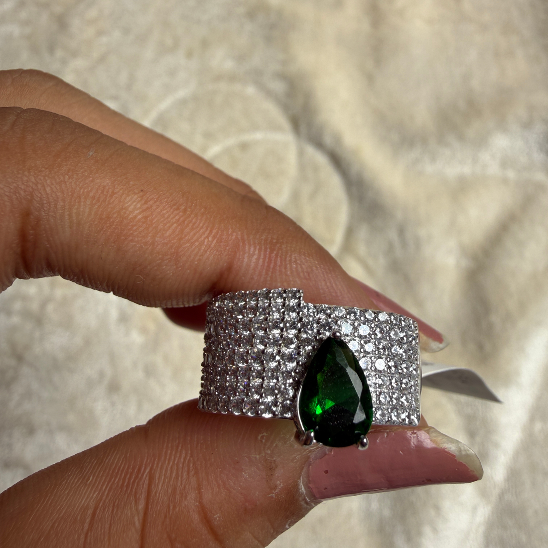 Green pear gemstone and pavé lab-grown diamond statement ring by Kiashaa Jewellery.