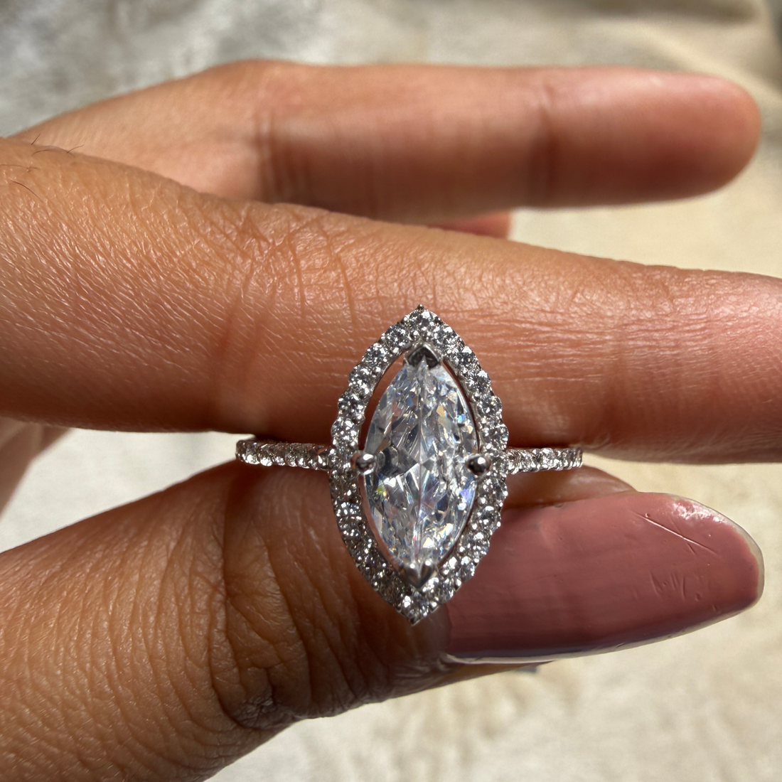 Marquise halo lab-grown diamond engagement ring in white gold by Kiashaa Jewellery.