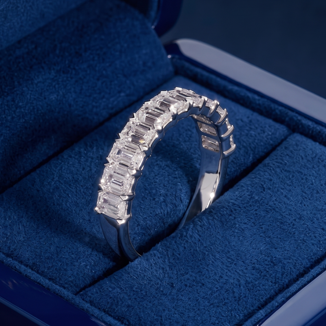 Emerald diamond band available in yellow white and rose gold