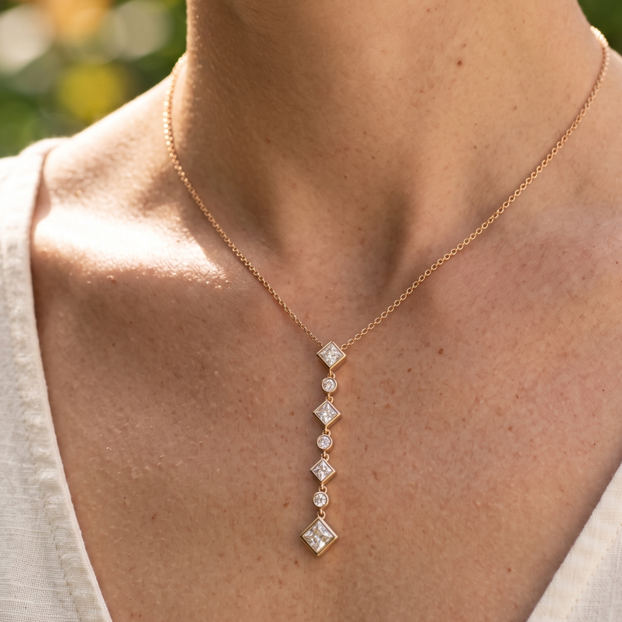 Kiashaa Jewellery 5.32 CTW princess and round diamond drop necklace in polished yellow gold.