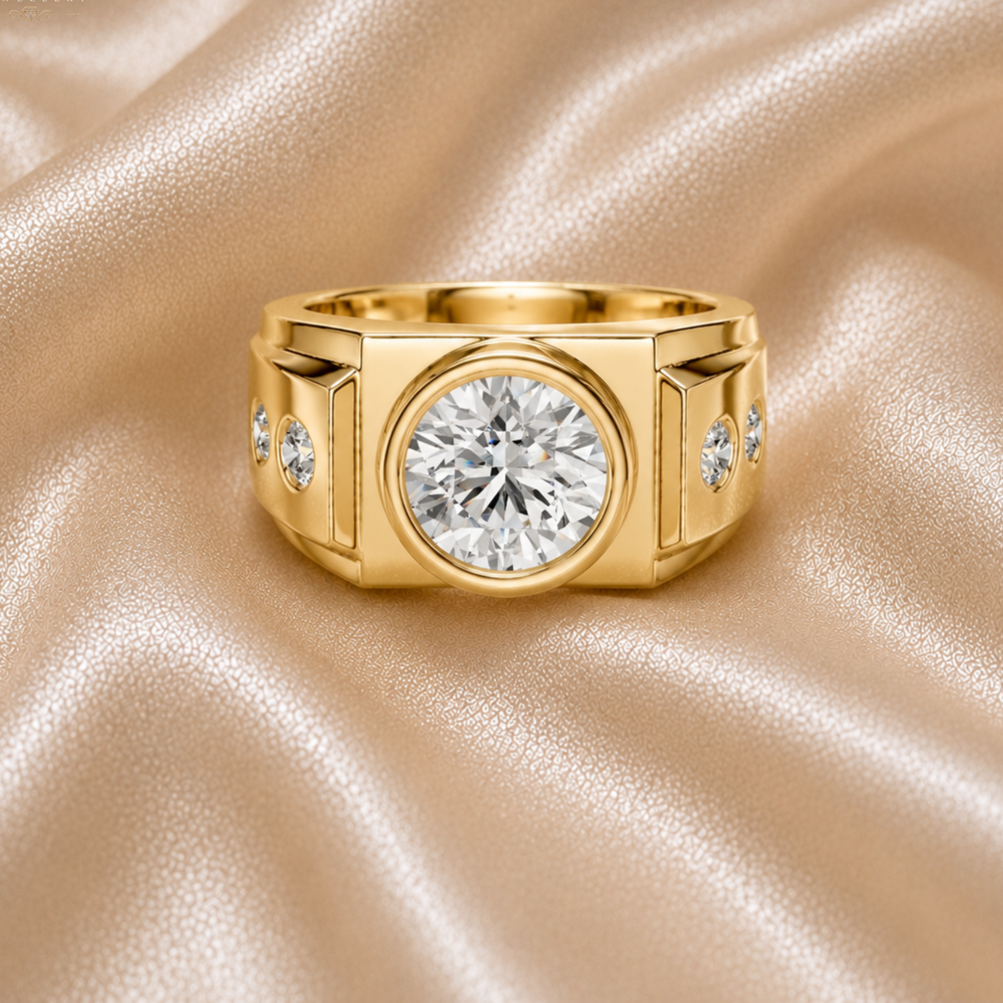 A gold ring with a large round clear center stone and smaller side stones, displayed on a shiny beige satin fabric background.