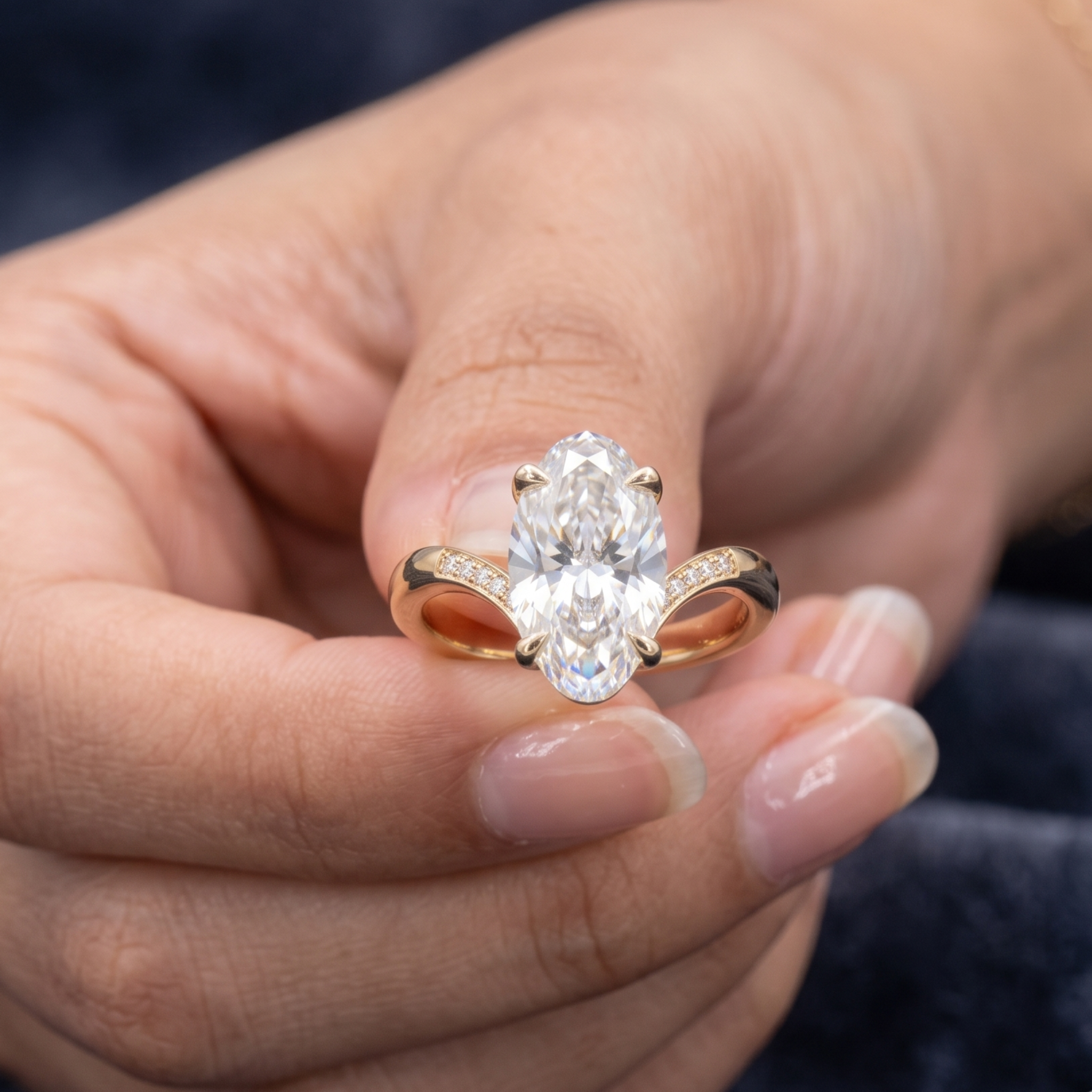 Four-prong oval diamond ring with V-shaped diamond accent band
