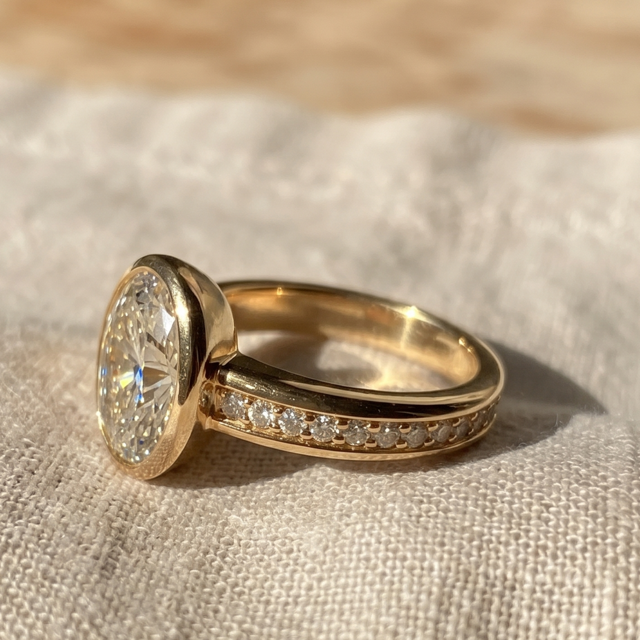 A yellow gold ring with a large oval-cut clear gemstone and a row of small pavé-set diamonds along the band, resting on a textured beige fabric surface.