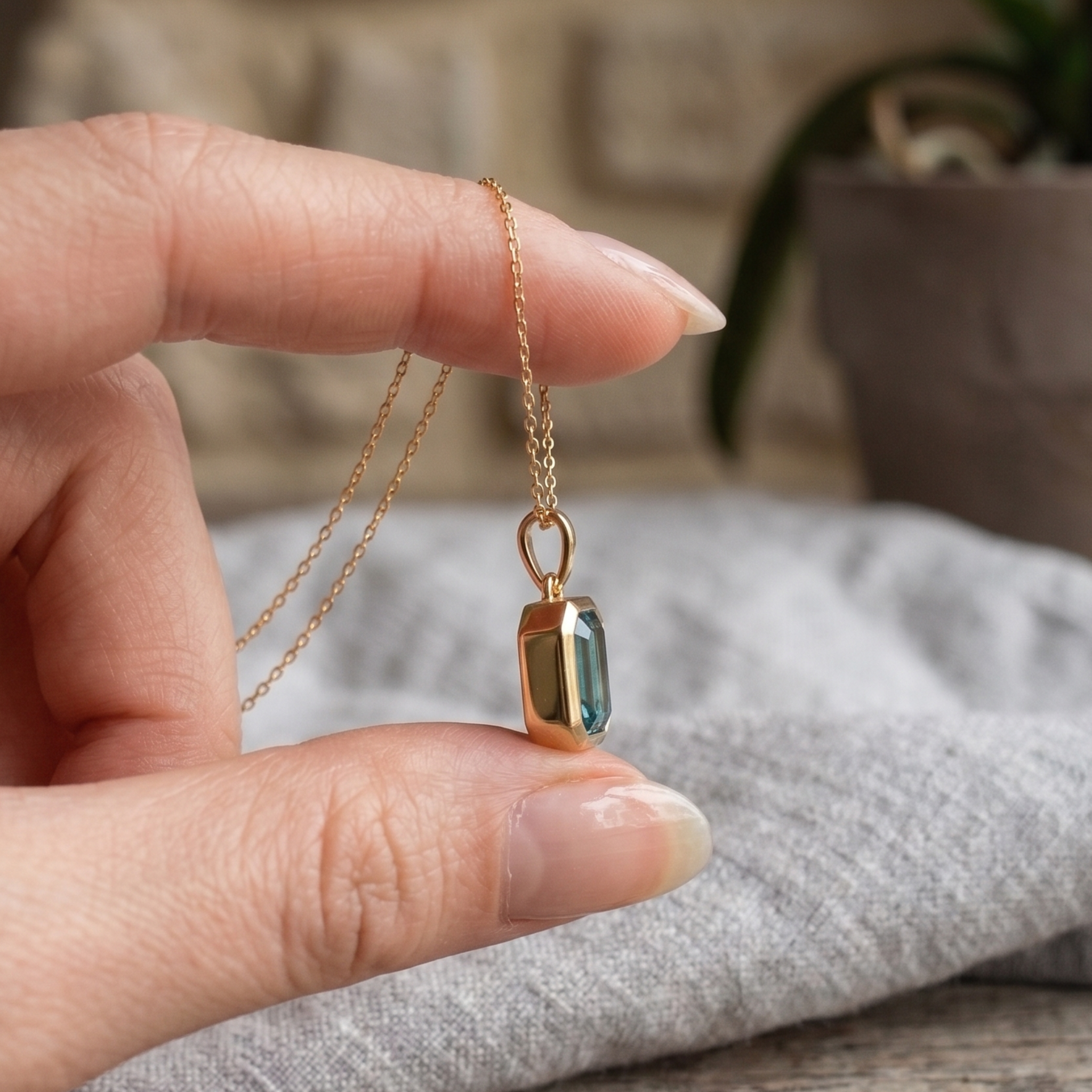 1.73 CT teal emerald-cut pendant necklace in polished yellow gold.