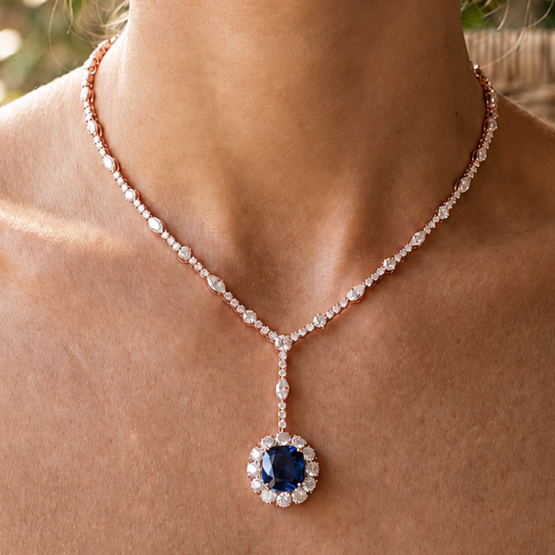 A close-up of a model's neck and chest wearing a delicate rose gold Y-necklace with clear pavé stones and a central oval blue sapphire pendant surrounded by a halo of small clear stones.