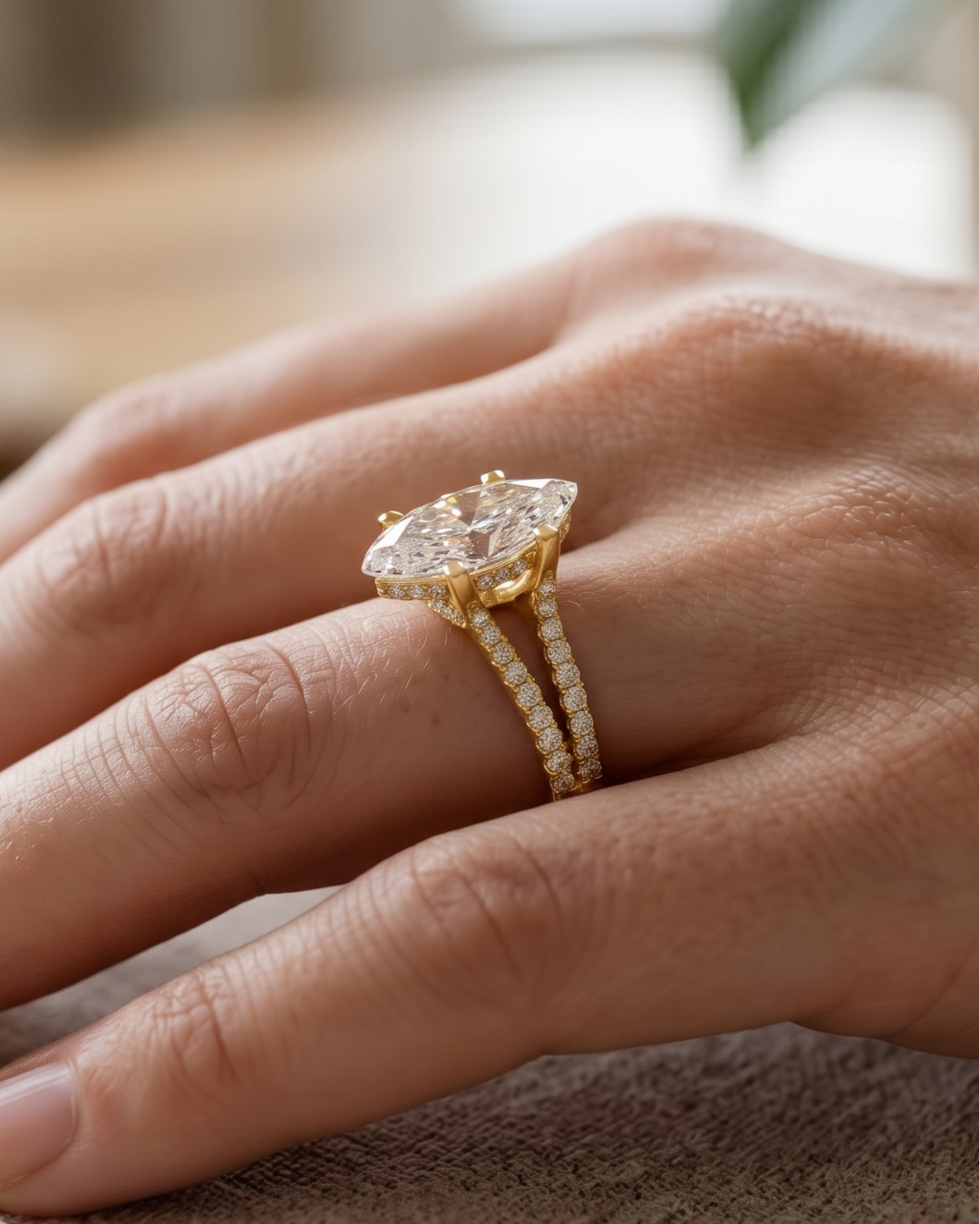 Elegant 2 carat marquise lab-grown diamond engagement ring by Kiashaa Jewellery in polished rose gold for women.