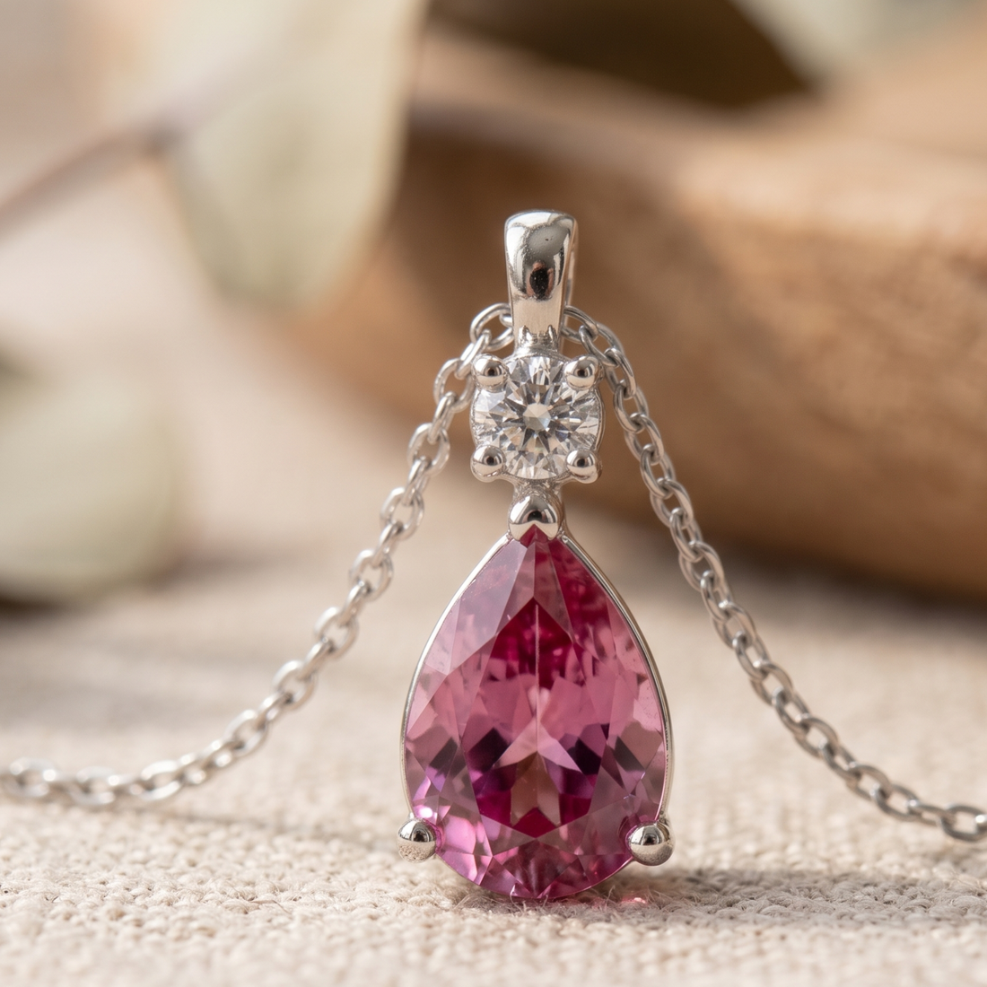 Blush Drop 0.90 CTW pink pear pendant necklace by Kiashaa Jewellery with an 8 × 5 mm pear-shaped center stone.