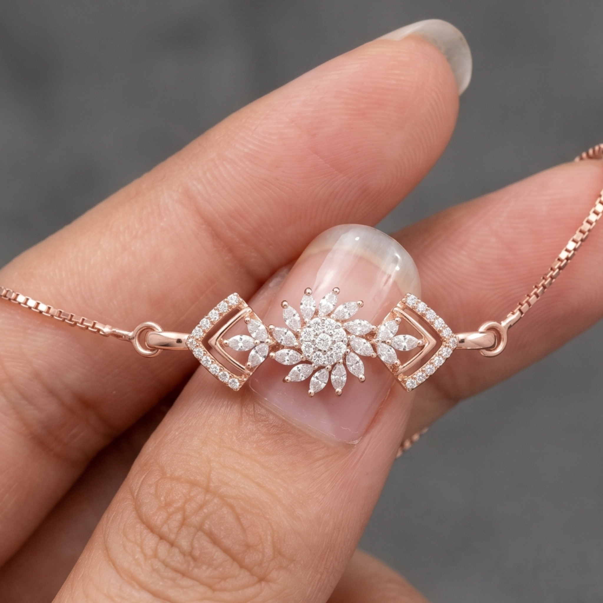 2 CT marquise and round diamond floral bracelet by Kiashaa Jewellery worn on a woman’s wrist.