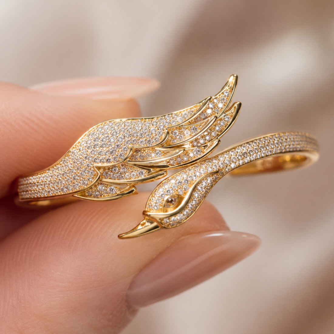Celeste Swan Wing 2 CTW diamond open ring by Kiashaa Jewellery in rose gold with a bird-inspired wing and head design.