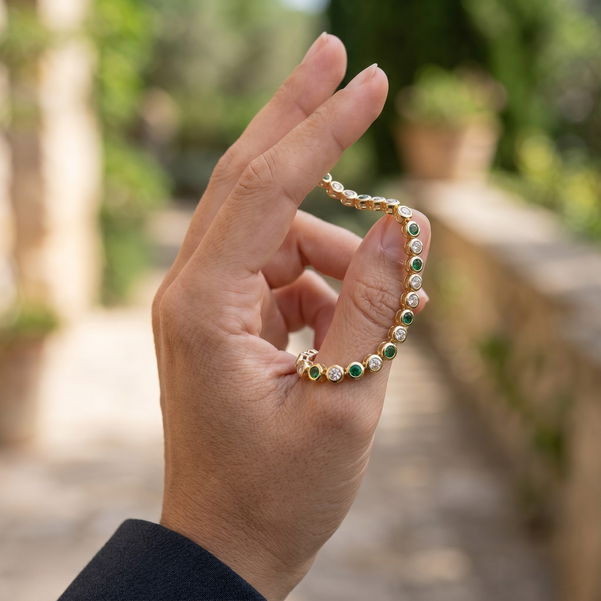 Alternating green gemstone and white diamond bracelet with round bezel-set stones.