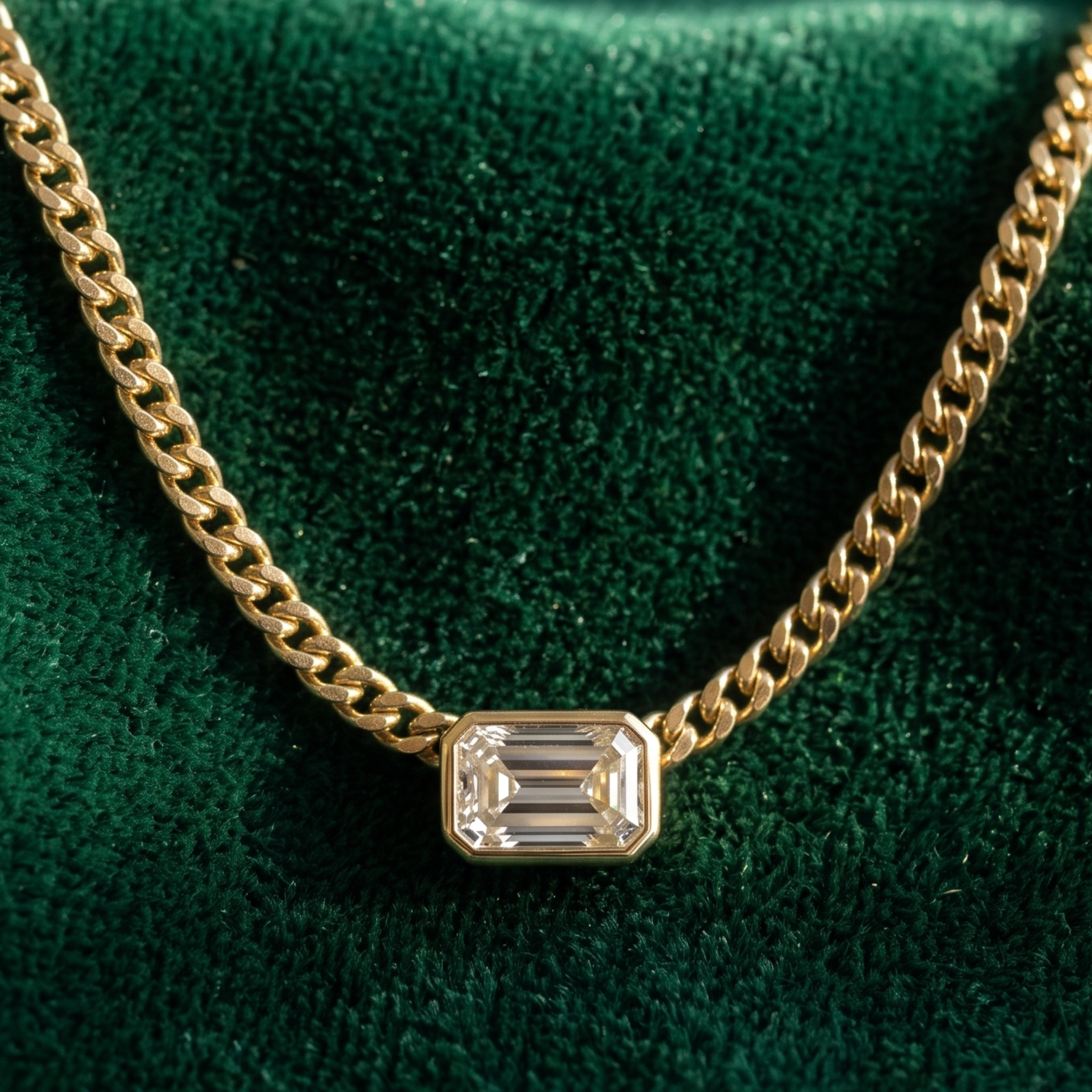 Kiashaa Jewellery 1.73 CT emerald-cut diamond Cuban chain necklace in polished yellow gold.